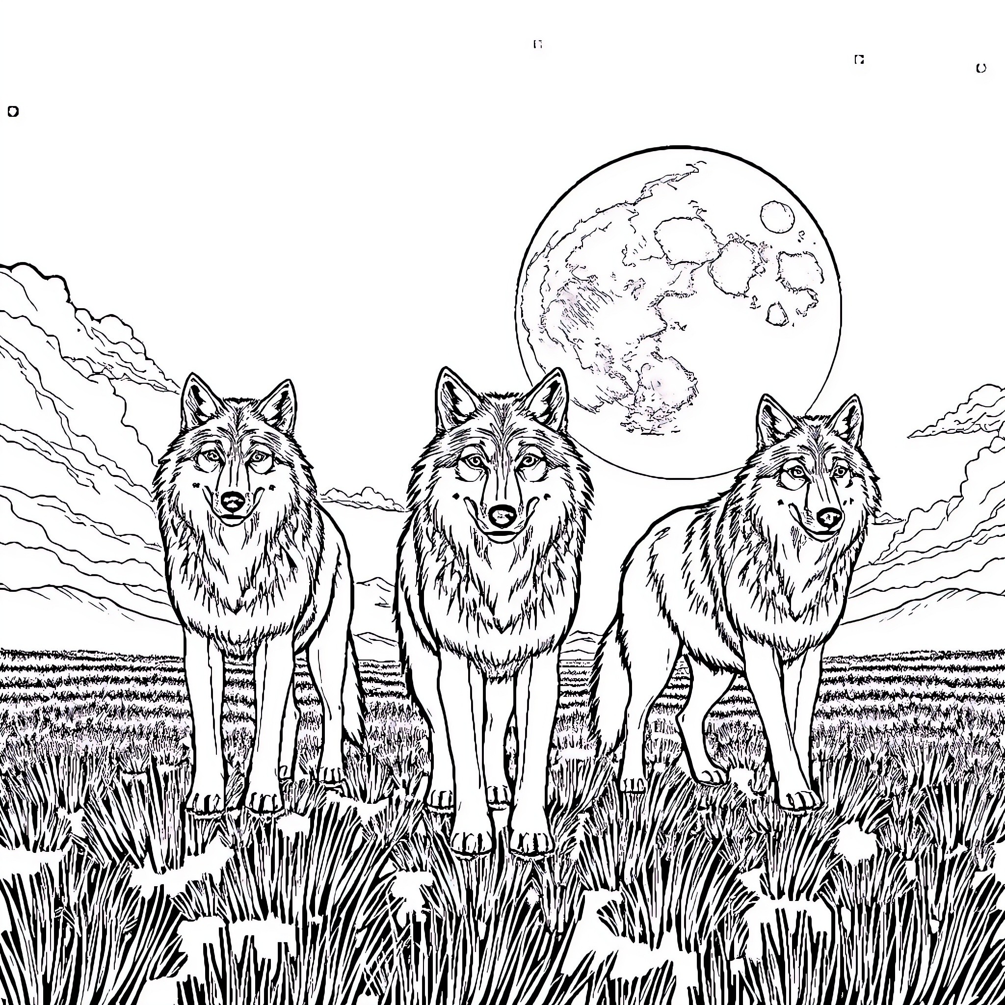 Wolf Pack Howling Under Moonlit Night Sky Coloring Page (free black-and-white line drawing printable PDF for all, from beginners to advanced learners, including children, teens, adults, and seniors)
