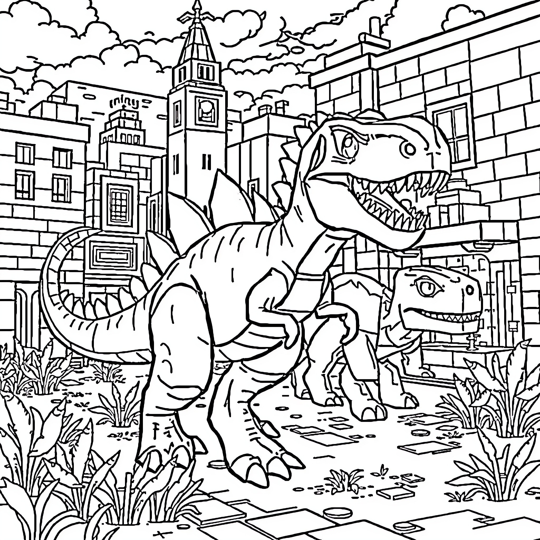 Dinosaurs Roaming in the City Coloring Page (free black-and-white line drawing printable PDF for all, from beginners to advanced learners, including children, teens, adults, and seniors)