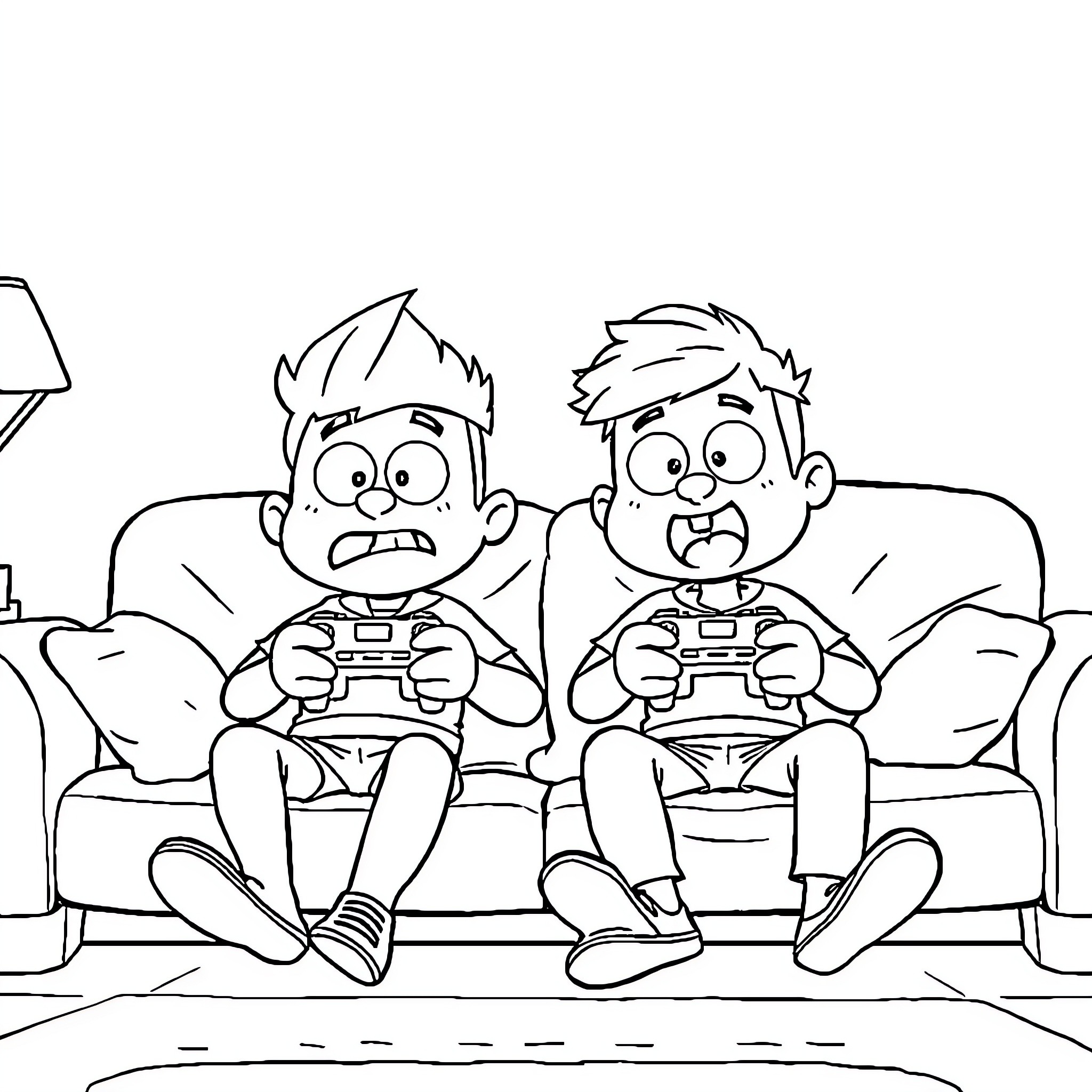Gumball characters intensely gaming on the couch Coloring Page (free black-and-white line drawing printable PDF for all, from beginners to advanced learners, including children, teens, adults, and seniors)