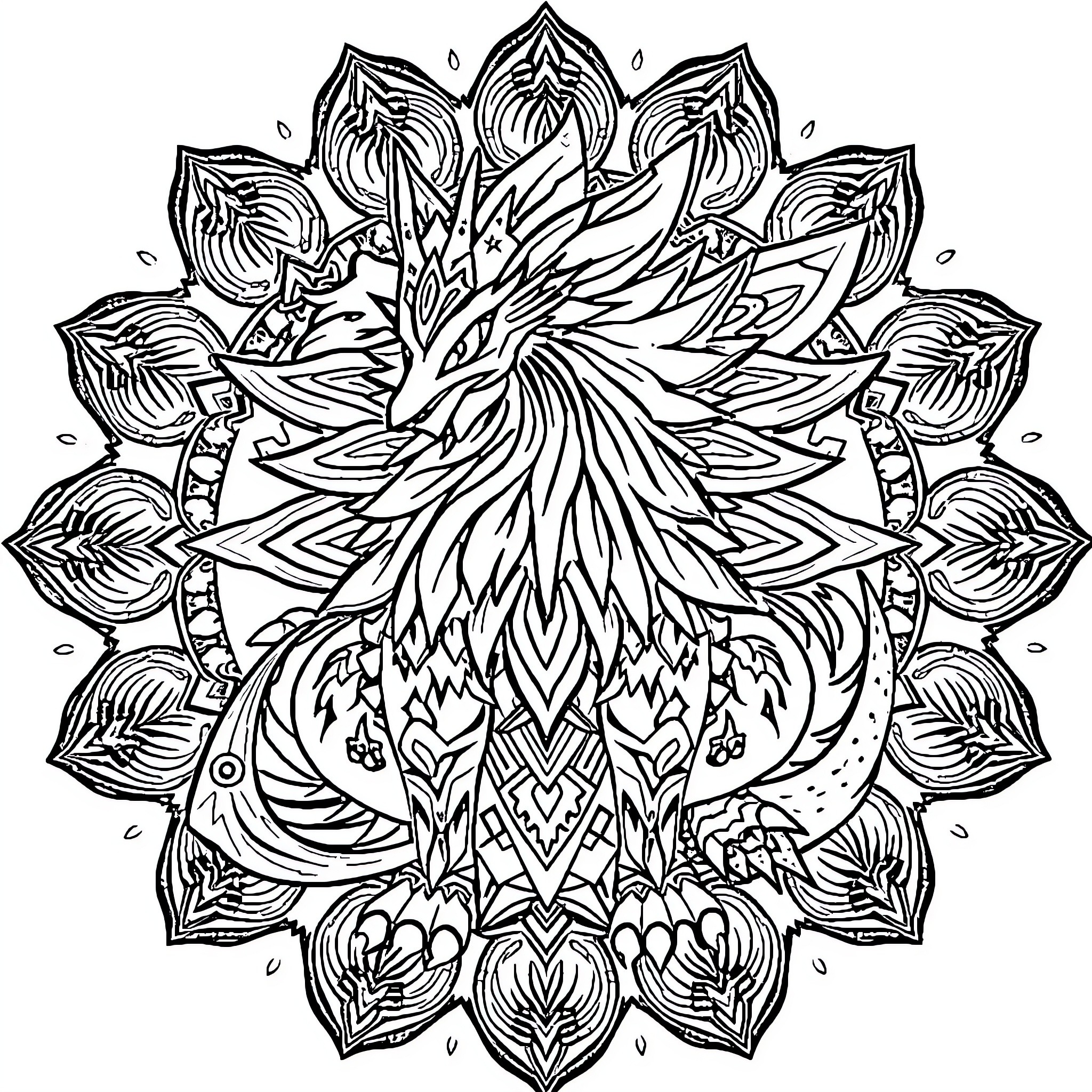 Entei Majestic Mythical Creature in Ornate Mandala Coloring Page (free black-and-white line drawing printable PDF for all, from beginners to advanced learners, including children, teens, adults, and seniors)