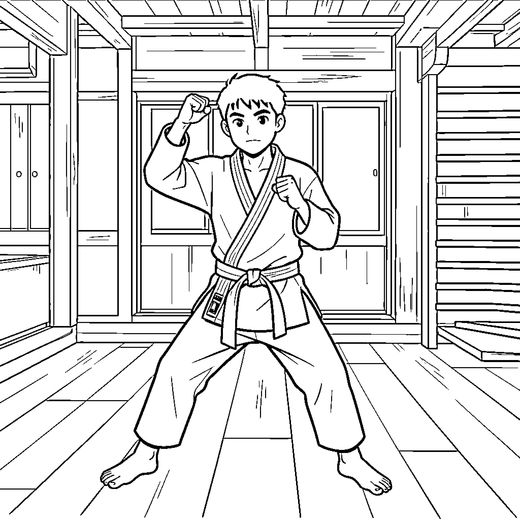 Hakimi performing martial arts moves in a dojo Coloring Page (free black-and-white line drawing printable PDF for all, from beginners to advanced learners, including children, teens, adults, and seniors)