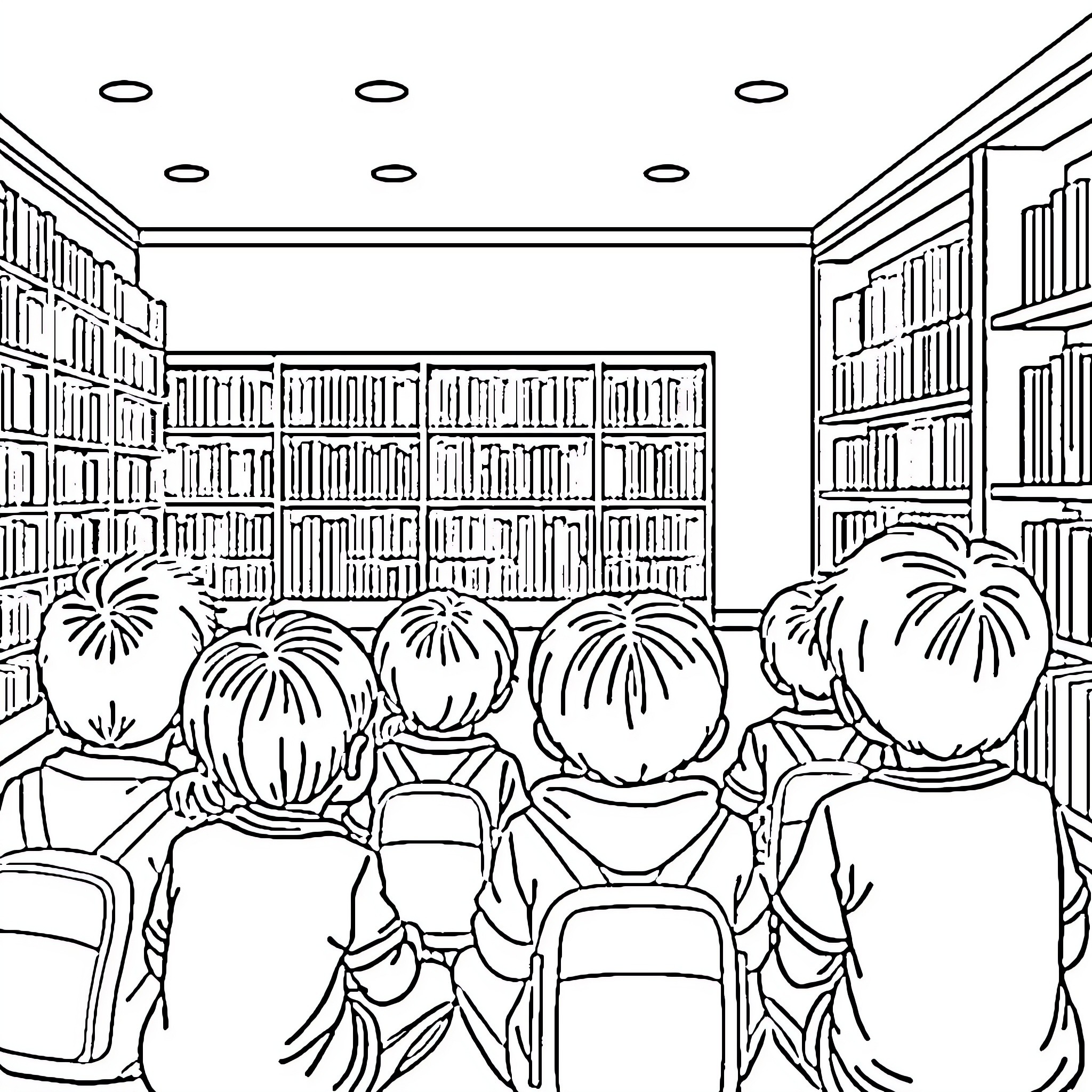 Child studying in the library Coloring Page (free black-and-white line drawing printable PDF for all, from beginners to advanced learners, including children, teens, adults, and seniors)