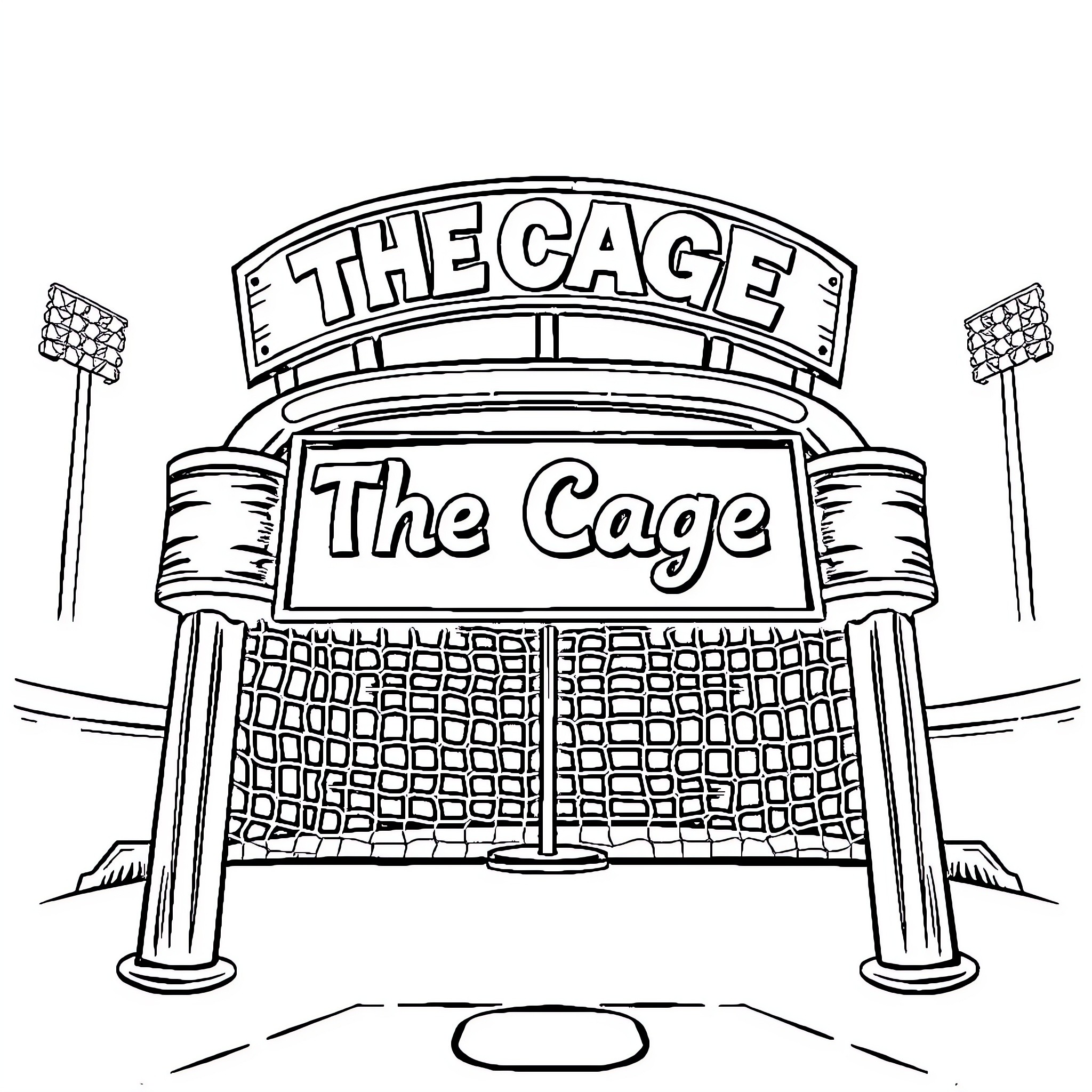 Baseball stadium entrance with 'The Cage' sign Coloring Page (free black-and-white line drawing printable PDF for all, from beginners to advanced learners, including children, teens, adults, and seniors)