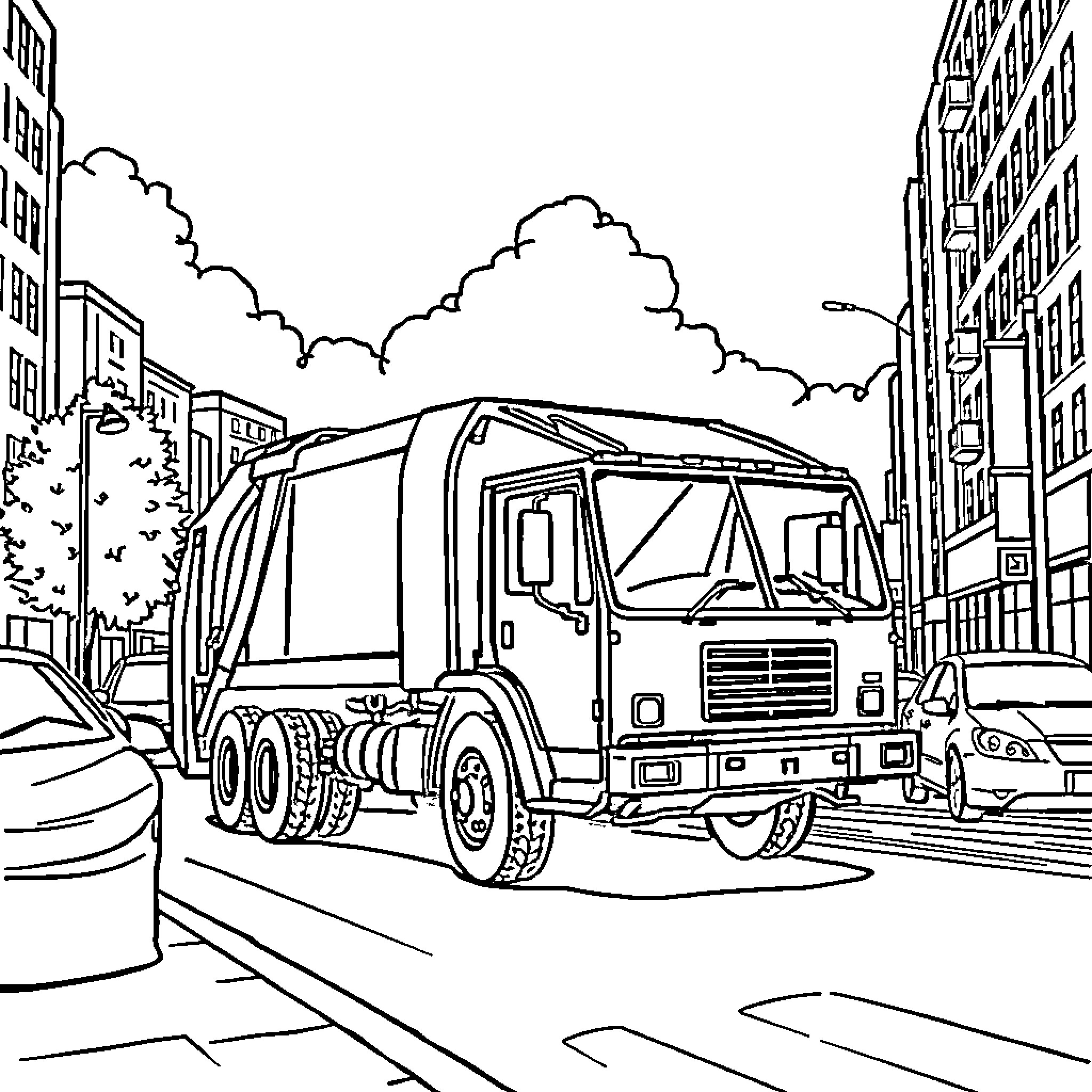 Garbage Truck Traversing the Urban Cityscape Coloring Page (free black-and-white line drawing printable PDF for all, from beginners to advanced learners, including children, teens, adults, and seniors)