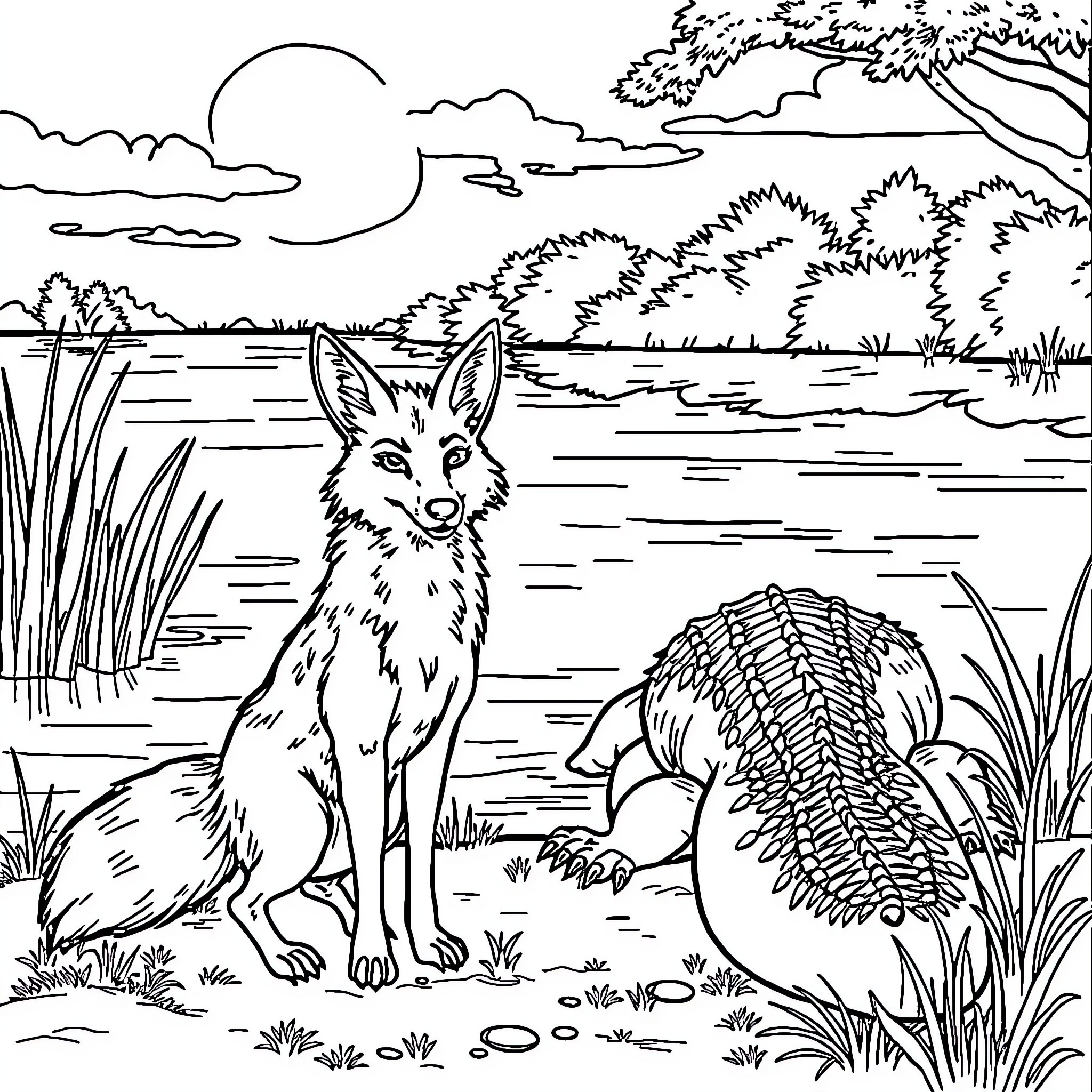 Fox resting in peaceful forest landscape Coloring Page (free black-and-white line drawing printable PDF for all, from beginners to advanced learners, including children, teens, adults, and seniors)