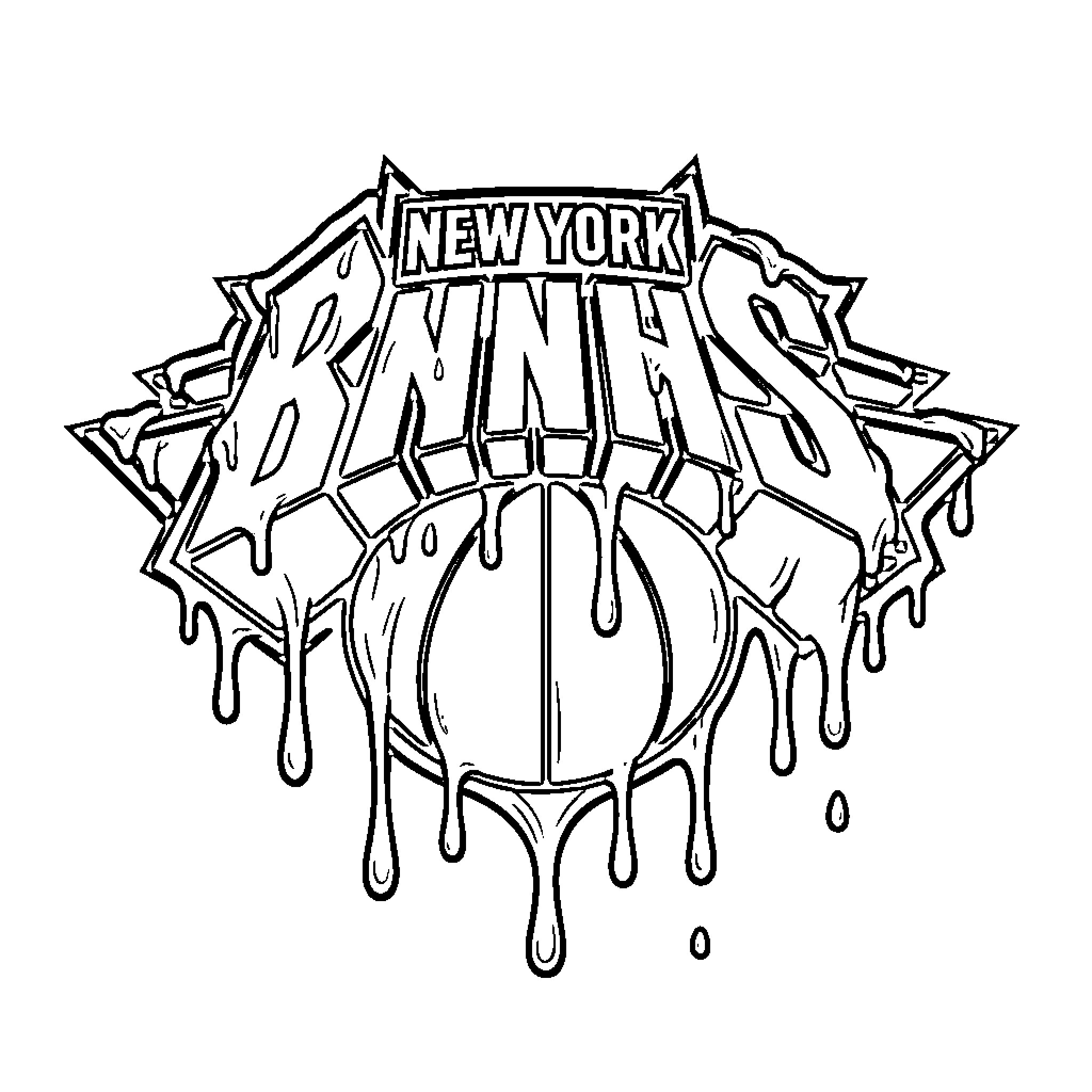 New York Knicks graffiti style logo with dripping effects Coloring Page (free black-and-white line drawing printable PDF for all, from beginners to advanced learners, including children, teens, adults, and seniors)