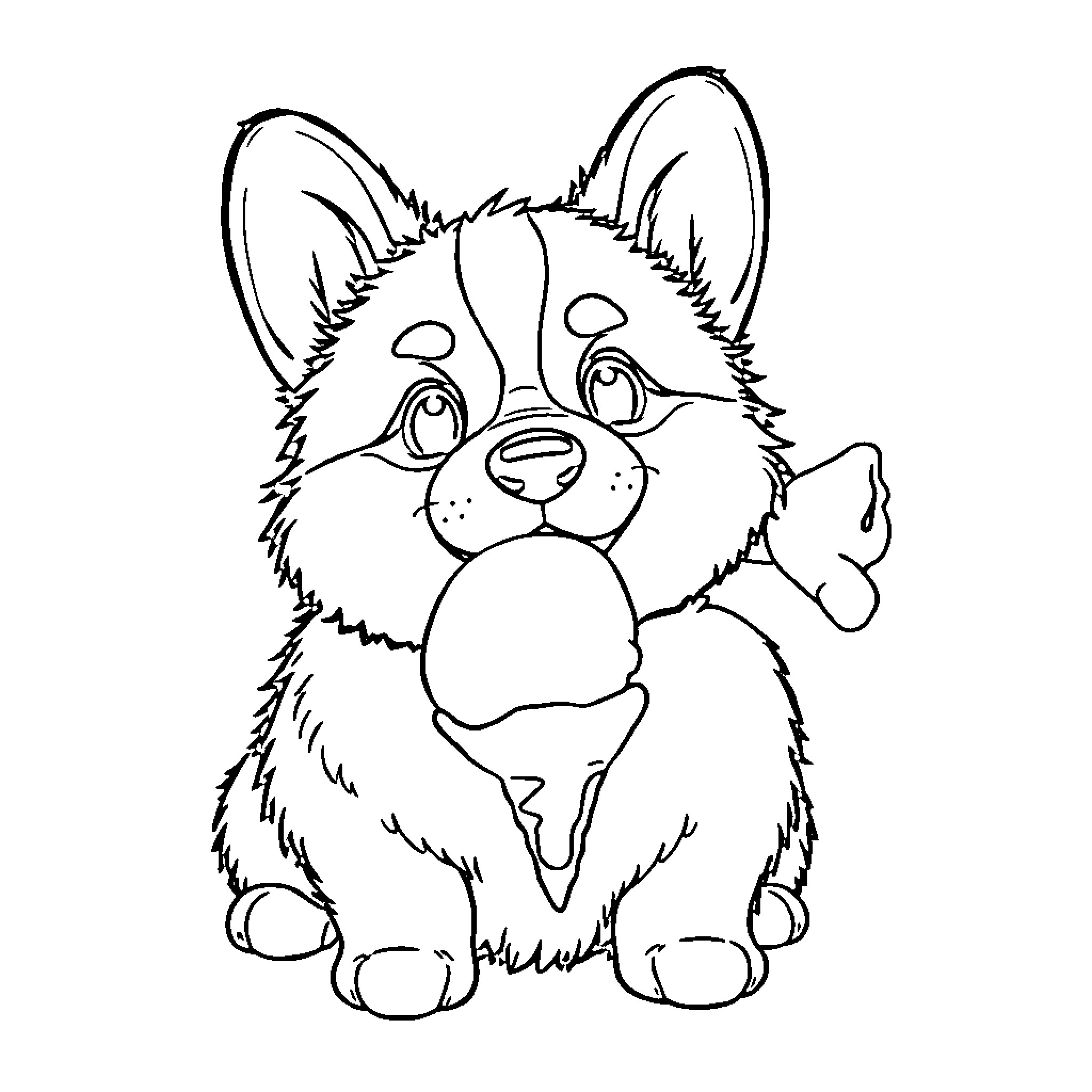 Corgi puppy in playful pose Coloring Page (free black-and-white line drawing printable PDF for all, from beginners to advanced learners, including children, teens, adults, and seniors)