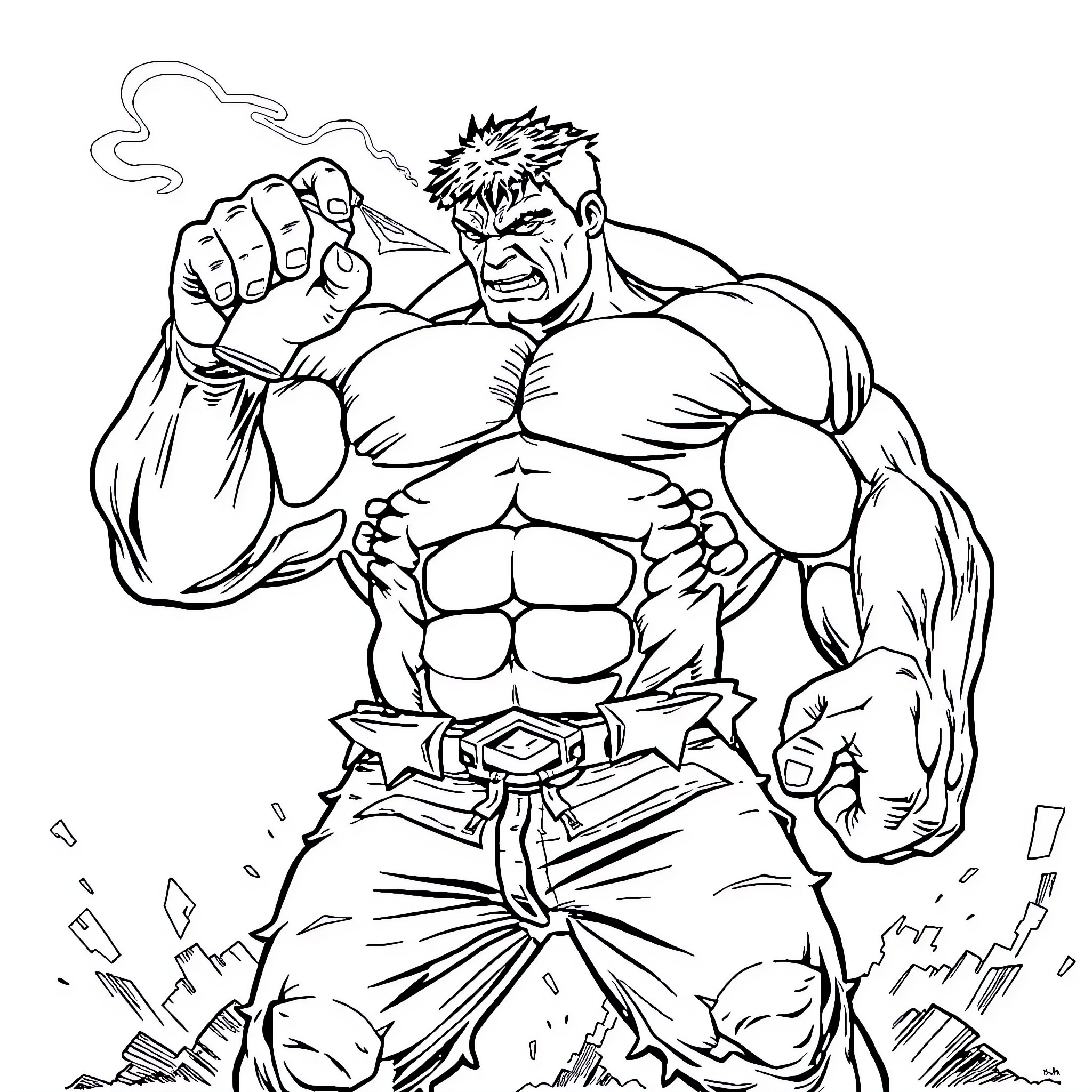 Hulk Smashing Through Rubble With Powerful Stance Coloring Page (free black-and-white line drawing printable PDF for all, from beginners to advanced learners, including children, teens, adults, and seniors)