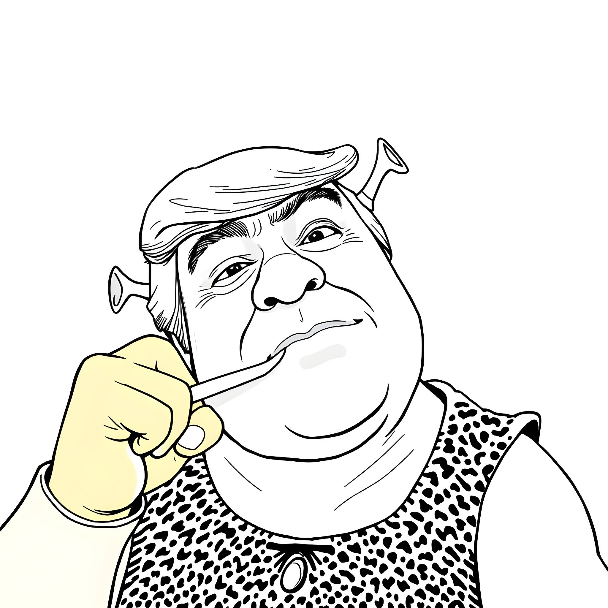 Donald Trump picking his nose with a confused expression Coloring Page (free black-and-white line drawing printable PDF for all, from beginners to advanced learners, including children, teens, adults, and seniors)