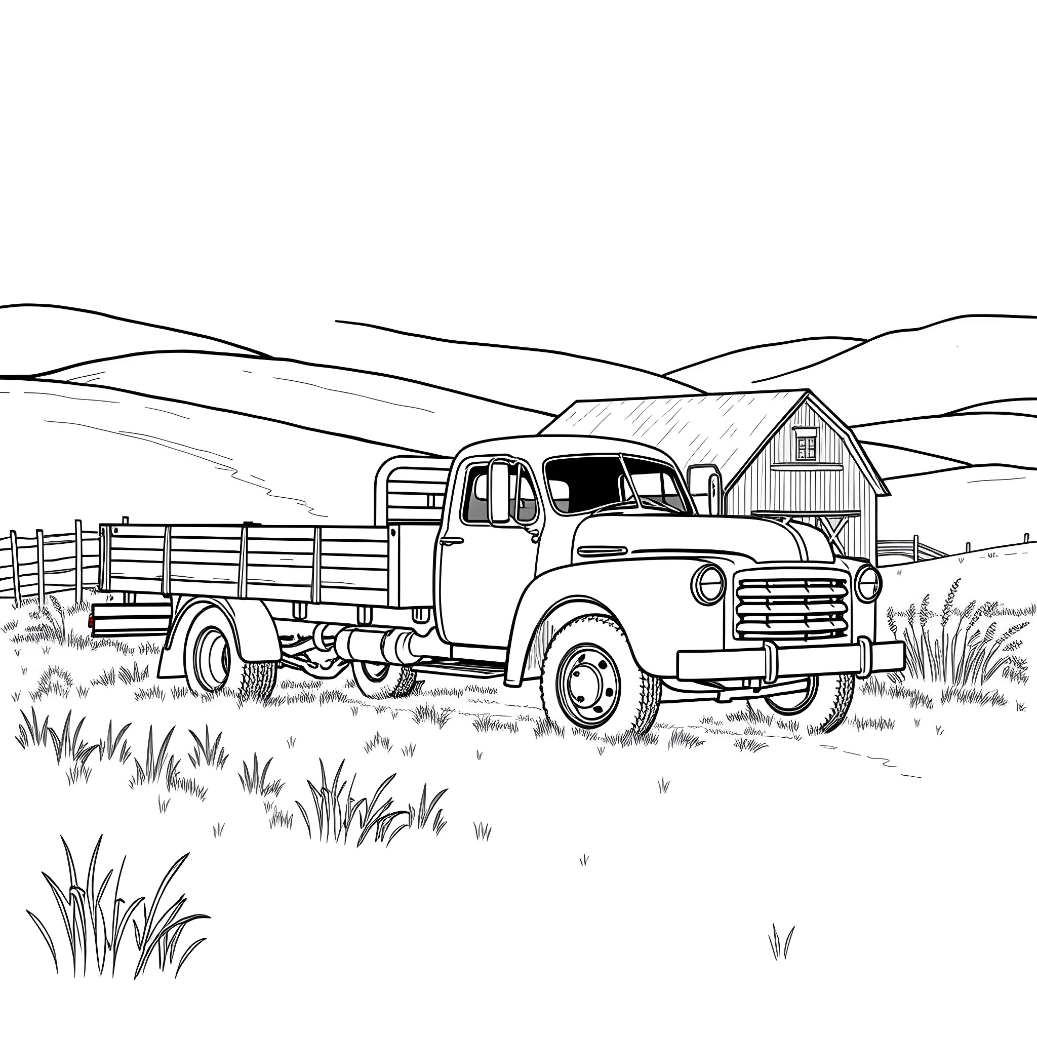 Flatbed truck parked in pastoral countryside Coloring Page (free black-and-white line drawing printable PDF for all, from beginners to advanced learners, including children, teens, adults, and seniors)
