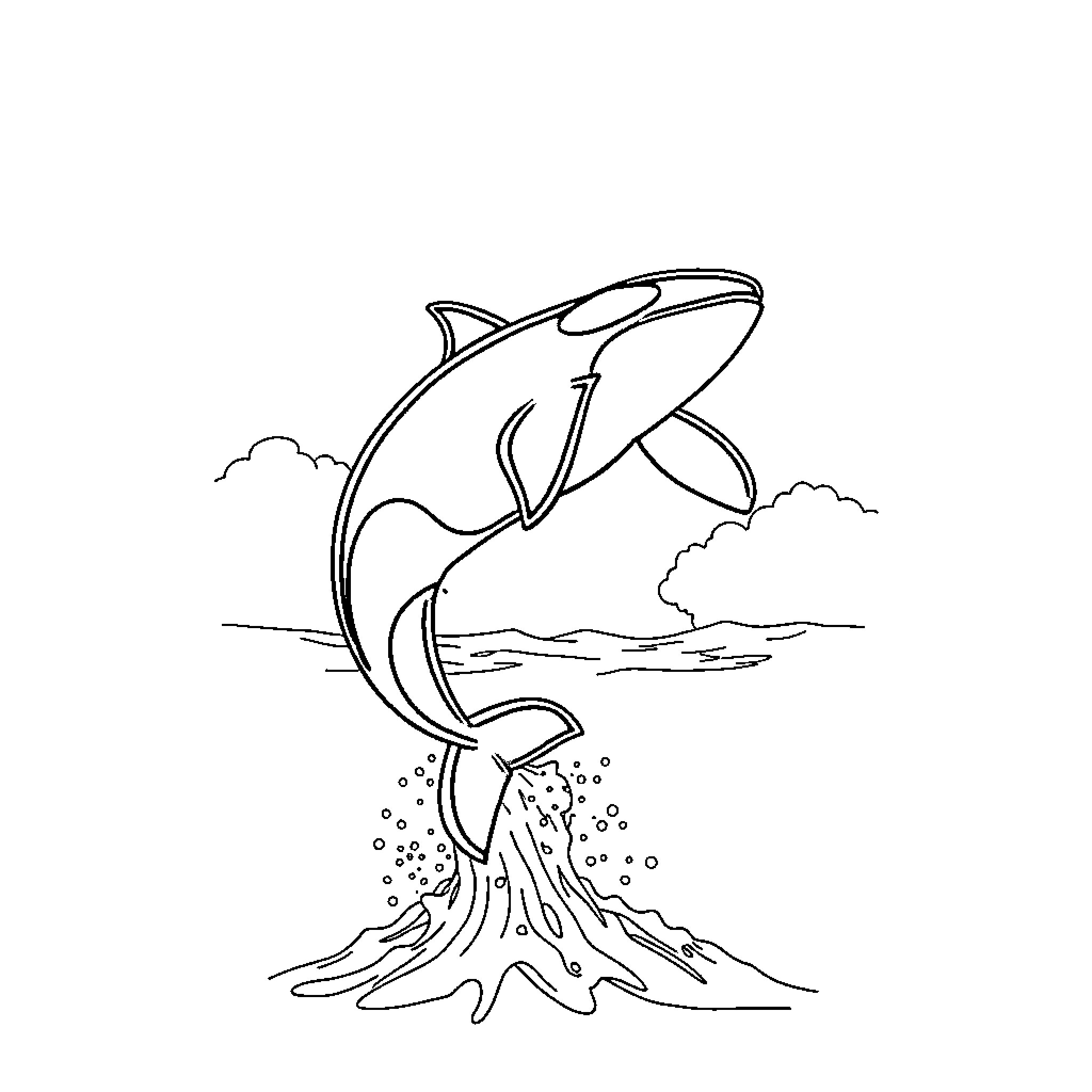 Orca breaching the waves Coloring Page (free black-and-white line drawing printable PDF for all, from beginners to advanced learners, including children, teens, adults, and seniors)