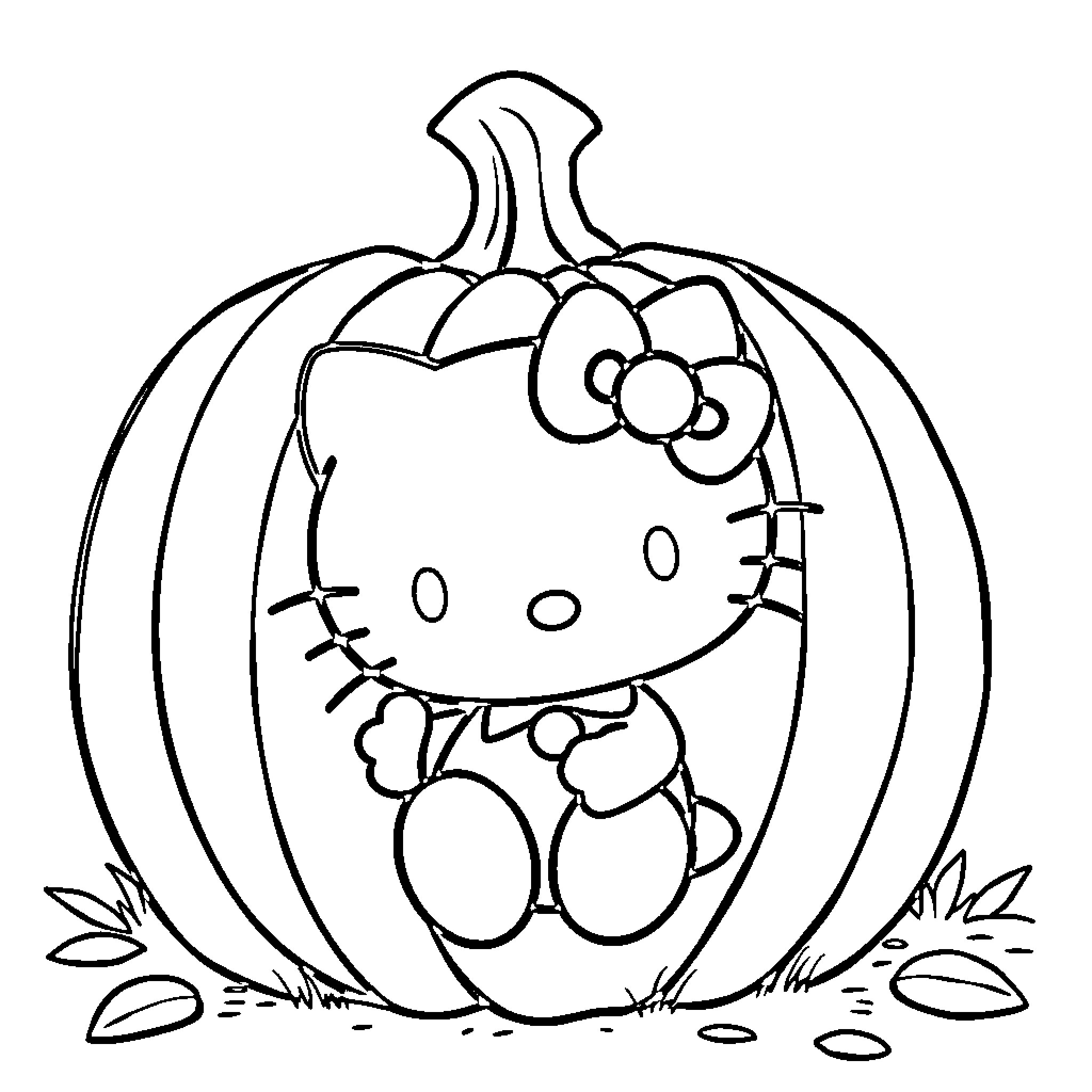 Hello Kitty sitting in a pumpkin Coloring Page (free black-and-white line drawing printable PDF for all, from beginners to advanced learners, including children, teens, adults, and seniors)