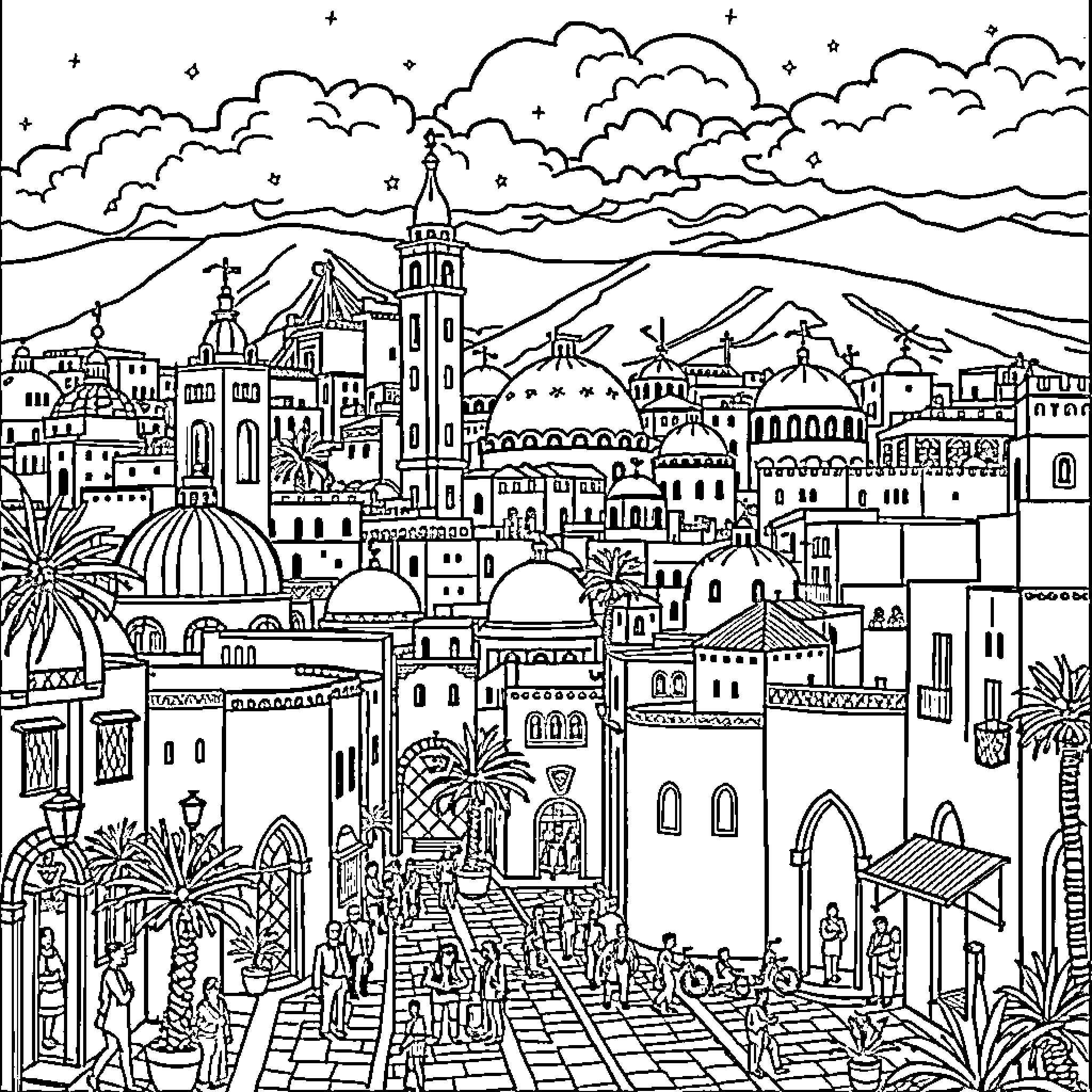 City of grand architecture and vibrant culture Coloring Page (free black-and-white line drawing printable PDF for all, from beginners to advanced learners, including children, teens, adults, and seniors)