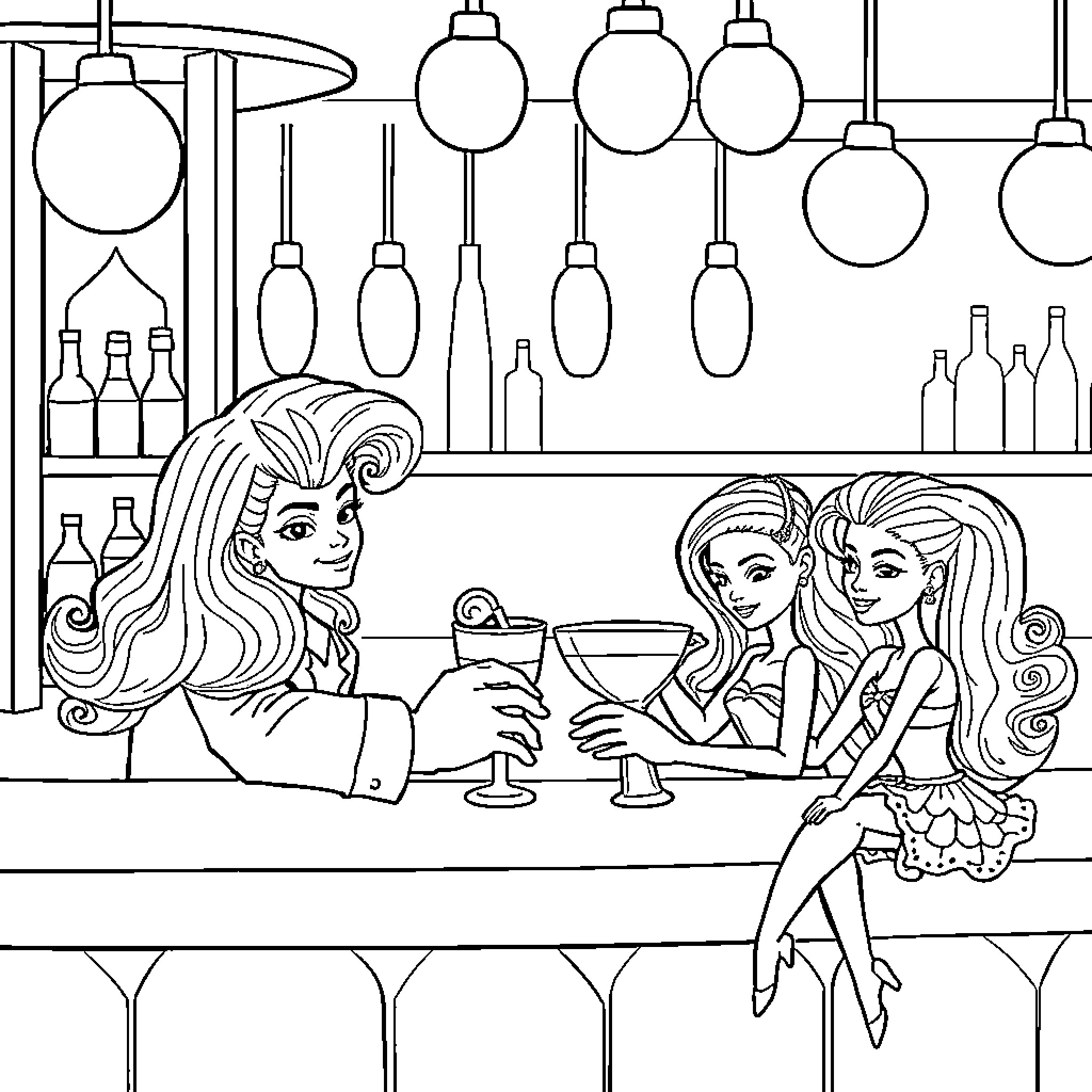 Barman serving drinks to elegant ladies at bar Coloring Page (free black-and-white line drawing printable PDF for all, from beginners to advanced learners, including children, teens, adults, and seniors)