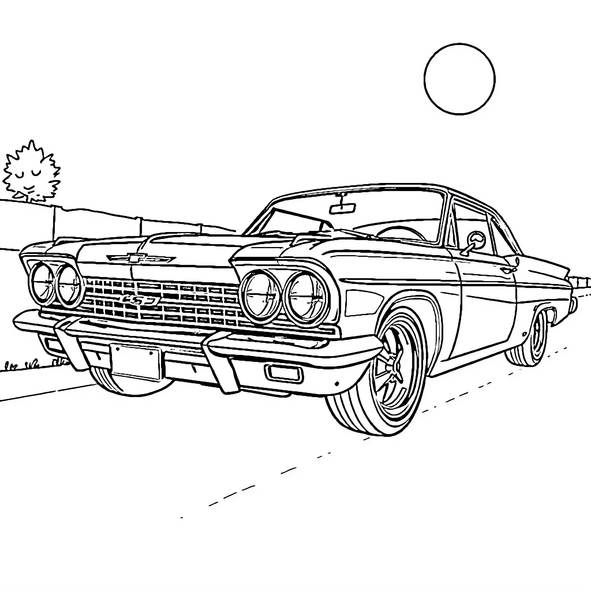 Chevy Impala driving on the road Coloring Page (free black-and-white line drawing printable PDF for all, from beginners to advanced learners, including children, teens, adults, and seniors)