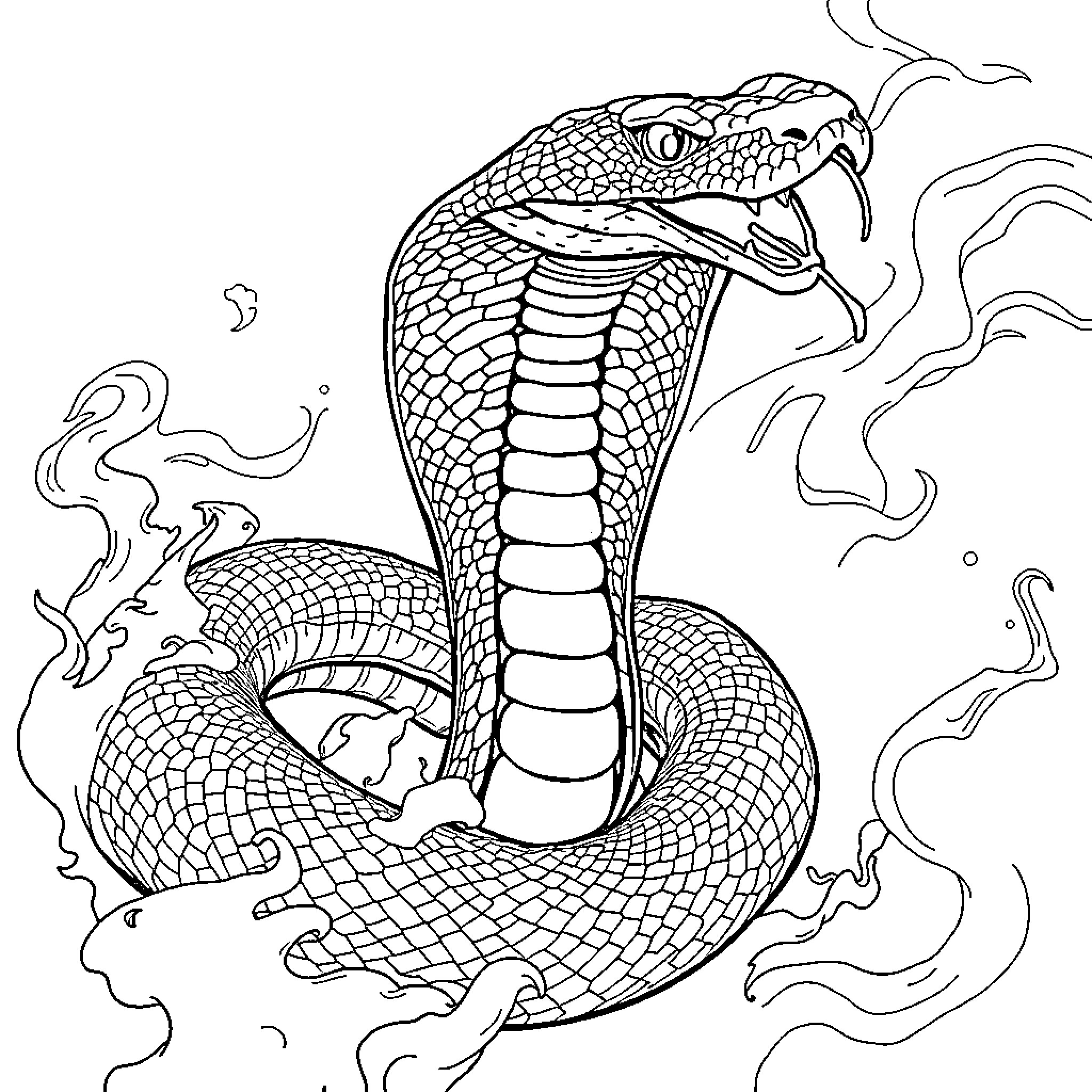 King Cobra striking a fierce pose Coloring Page (free black-and-white line drawing printable PDF for all, from beginners to advanced learners, including children, teens, adults, and seniors)