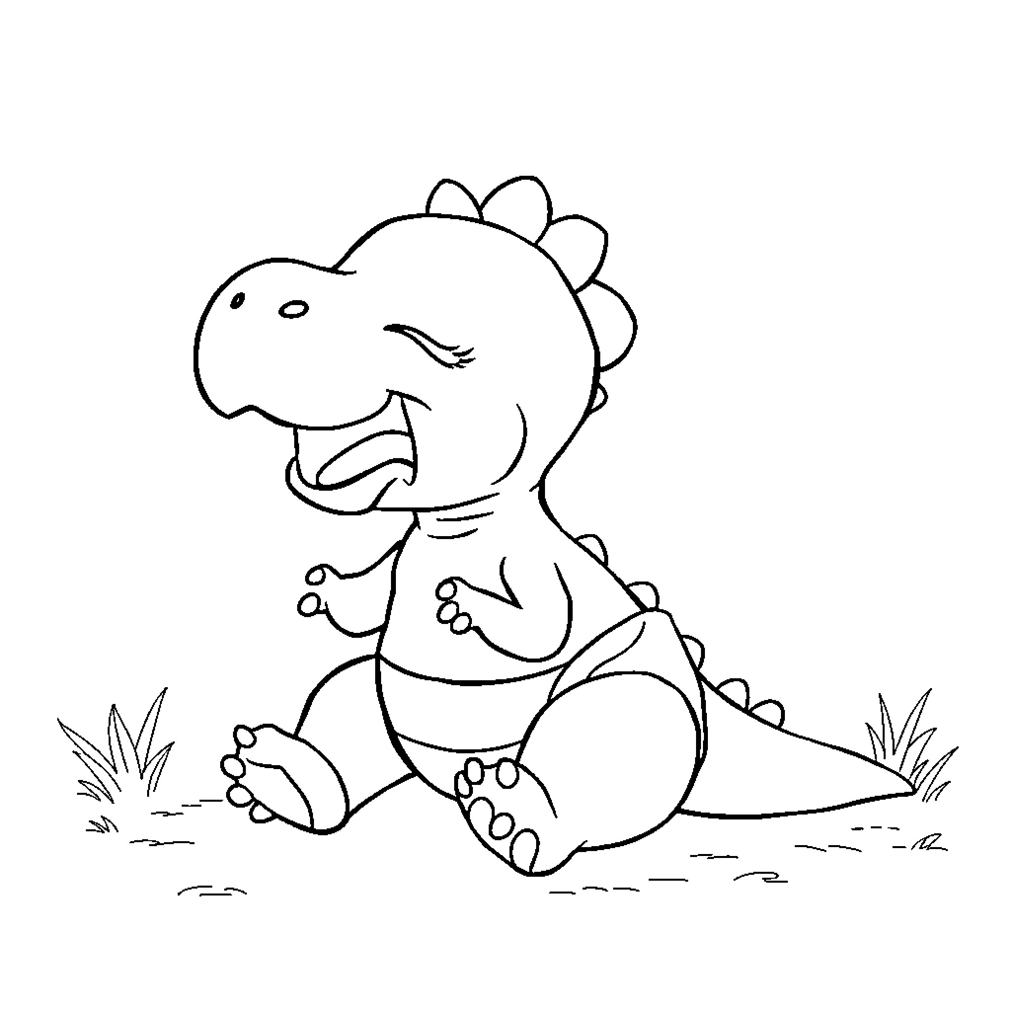 Dinosaur playing happily in a field Coloring Page (free black-and-white line drawing printable PDF for all, from beginners to advanced learners, including children, teens, adults, and seniors)