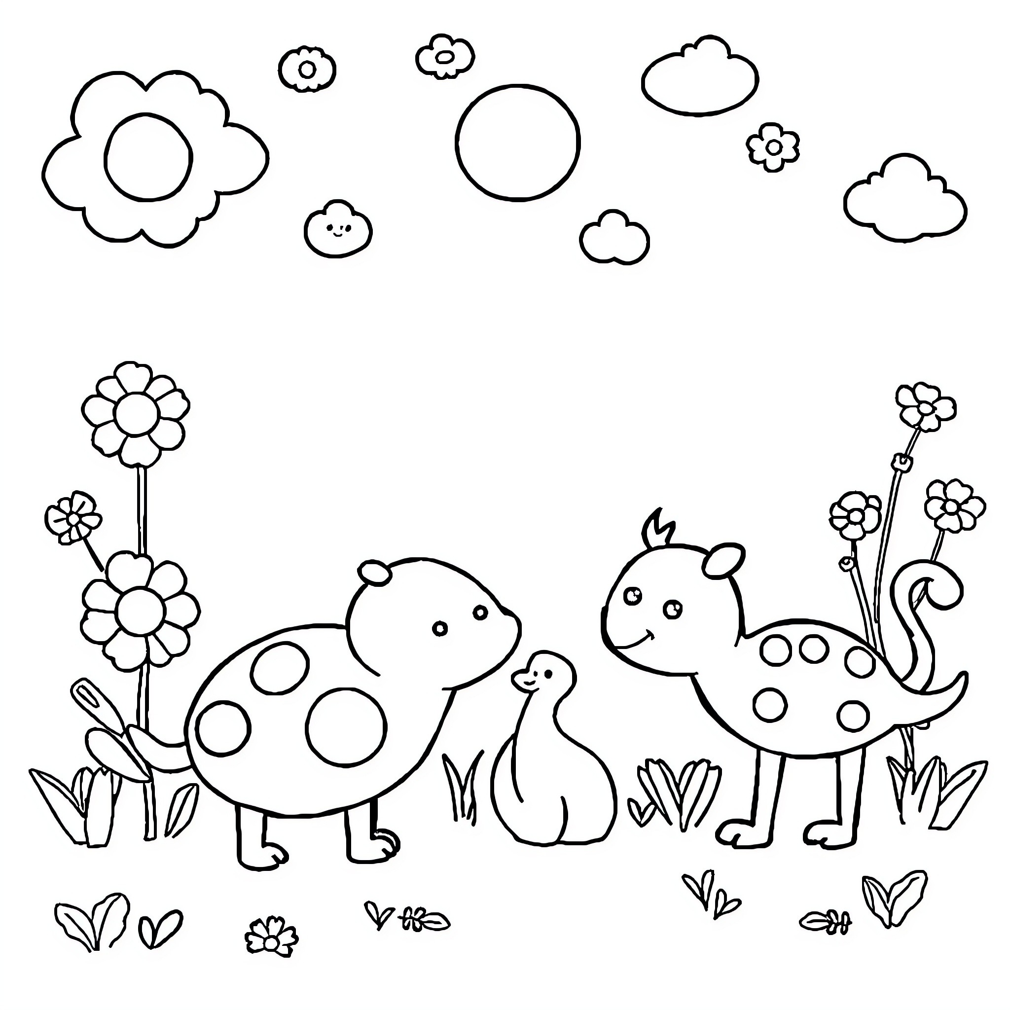 Rhyming Images of Playful Creatures and Nature Coloring Page (free black-and-white line drawing printable PDF for all, from beginners to advanced learners, including children, teens, adults, and seniors)