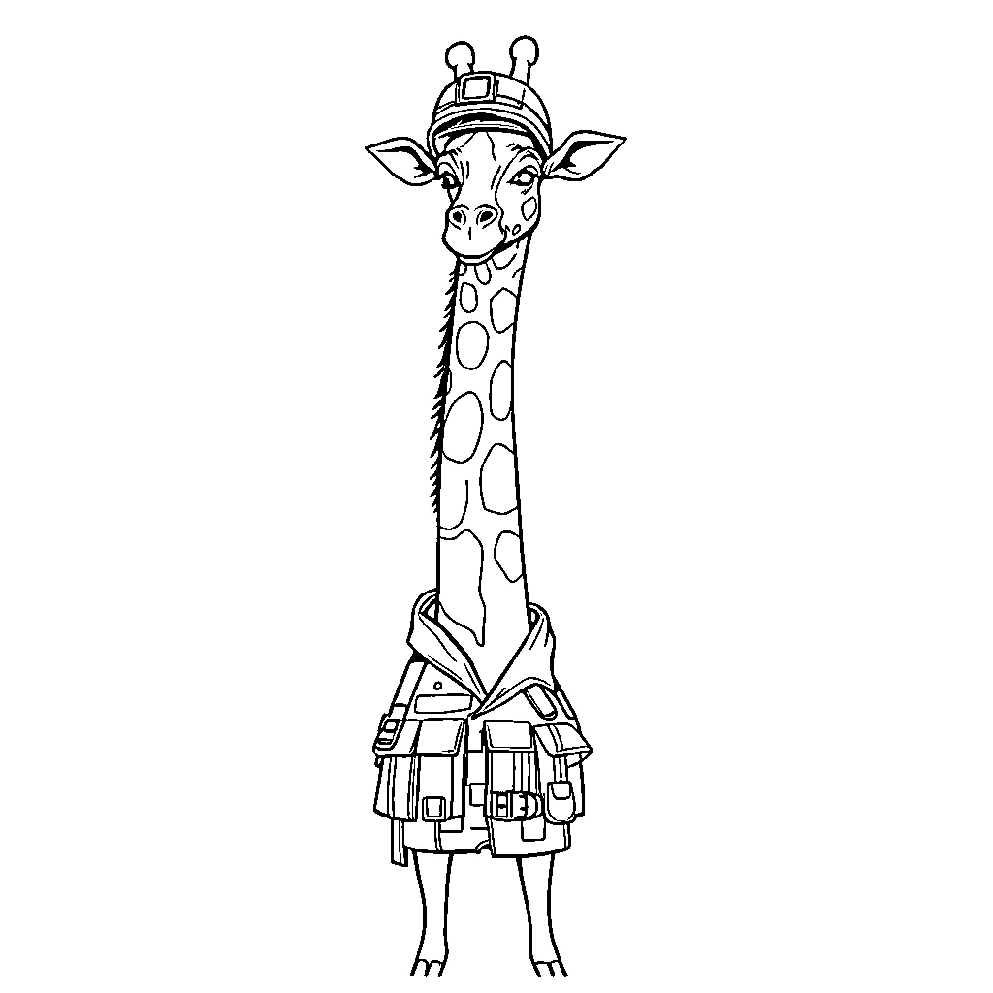 Giraffe wearing a hat and backpack Coloring Page (free black-and-white line drawing printable PDF for all, from beginners to advanced learners, including children, teens, adults, and seniors)