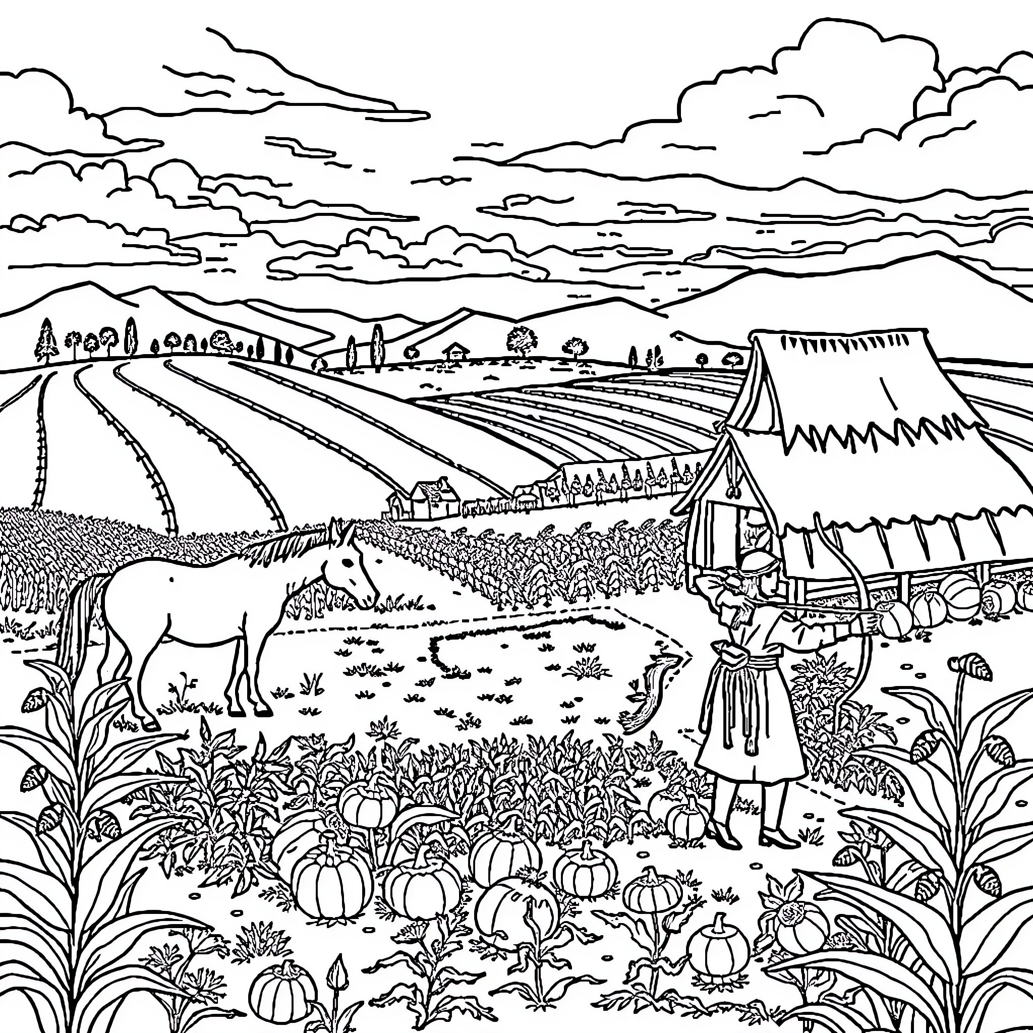 Horse-drawn Wagon in Pastoral Countryside Landscape Coloring Page (free black-and-white line drawing printable PDF for all, from beginners to advanced learners, including children, teens, adults, and seniors)