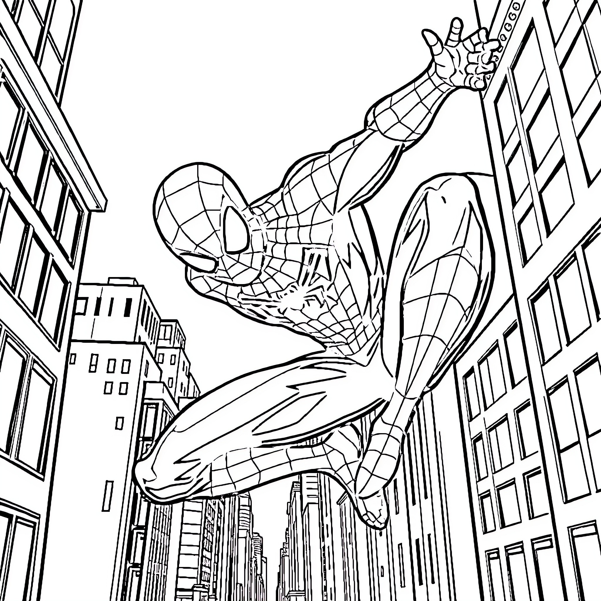 Spiderman swinging through the city skyline Coloring Page (free black-and-white line drawing printable PDF for all, from beginners to advanced learners, including children, teens, adults, and seniors)