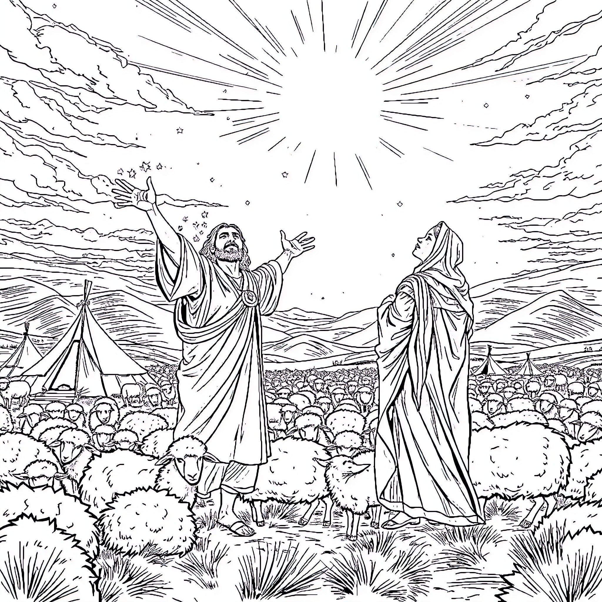 Abraham's Heavenly Vision and Teachings to the Faithful Coloring Page (free black-and-white line drawing printable PDF for all, from beginners to advanced learners, including children, teens, adults, and seniors)
