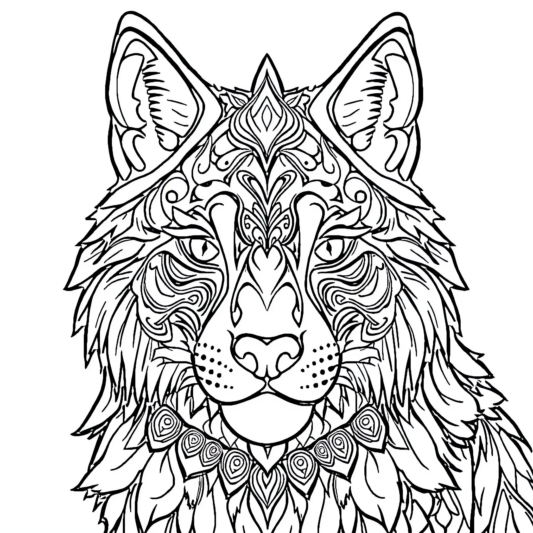 Wolf with intricate patterned fur Coloring Page (free black-and-white line drawing printable PDF for all, from beginners to advanced learners, including children, teens, adults, and seniors)