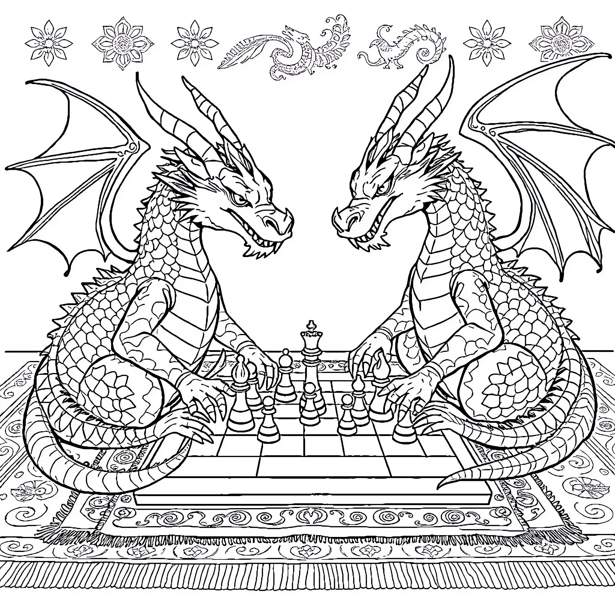 Dragon chess tournament with ornate flowers Coloring Page (free black-and-white line drawing printable PDF for all, from beginners to advanced learners, including children, teens, adults, and seniors)