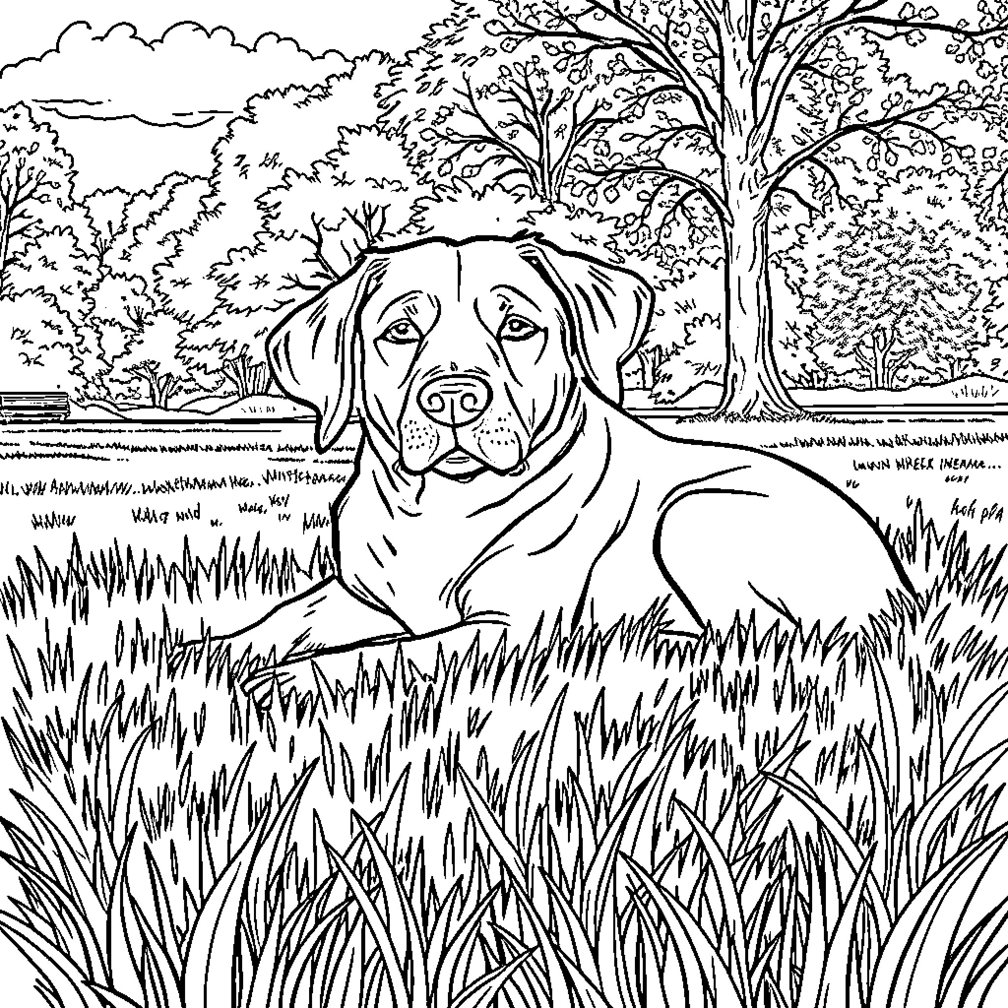 Dog resting in a grassy field Coloring Page (free black-and-white line drawing printable PDF for all, from beginners to advanced learners, including children, teens, adults, and seniors)