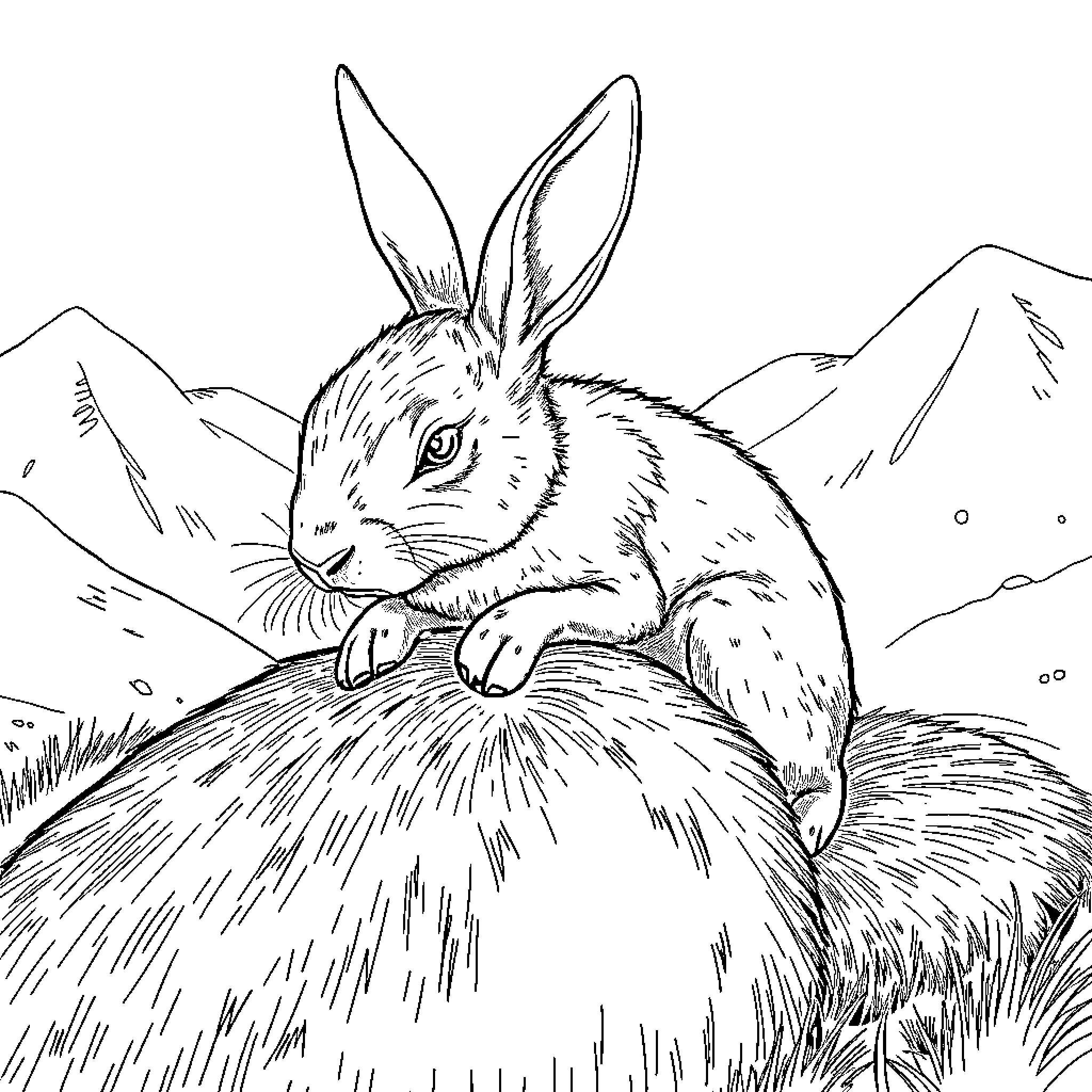 Rabbit sitting amid mountain scenery Coloring Page (free black-and-white line drawing printable PDF for all, from beginners to advanced learners, including children, teens, adults, and seniors)