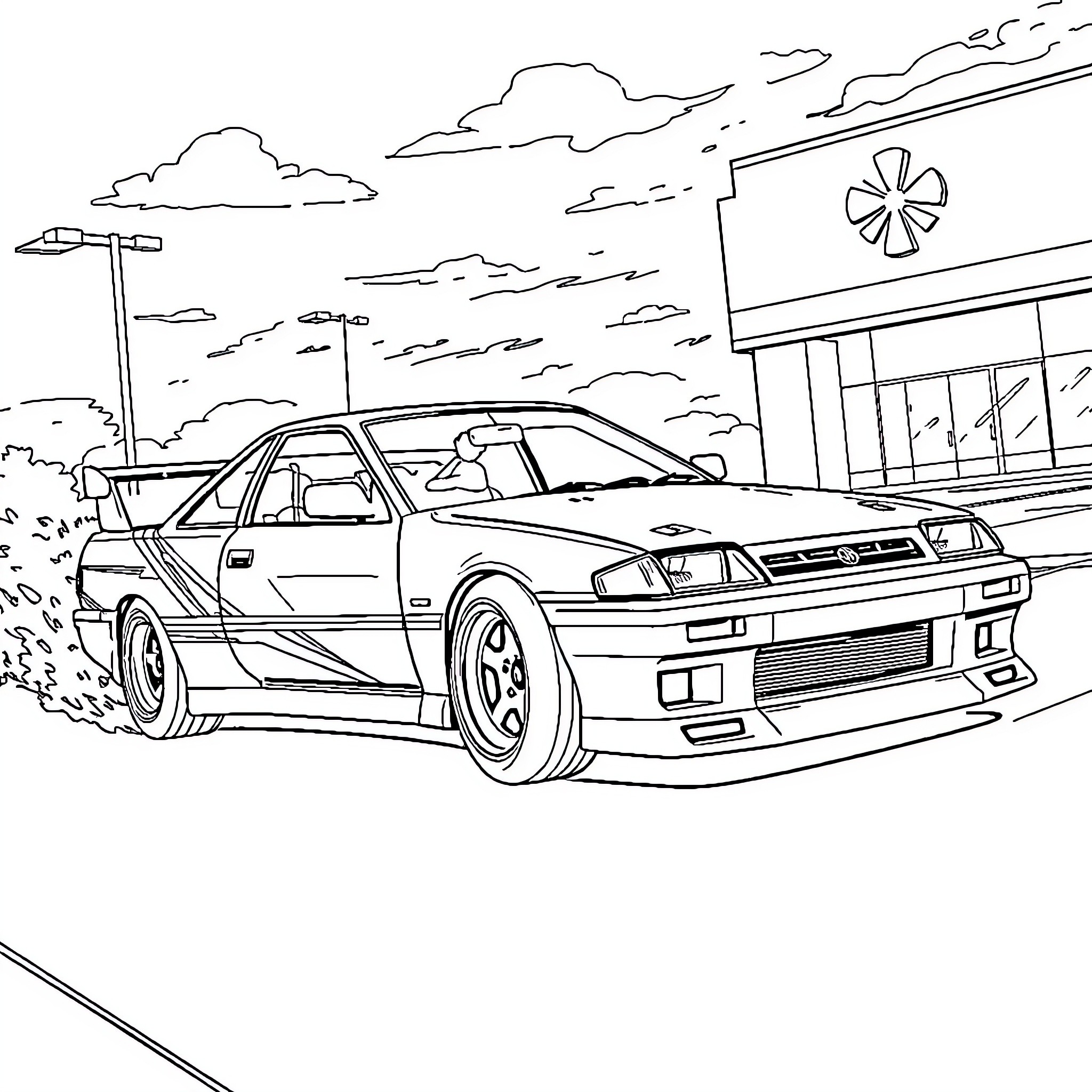 Initial D Drifting Sports Car on the Road Coloring Page (free black-and-white line drawing printable PDF for all, from beginners to advanced learners, including children, teens, adults, and seniors)