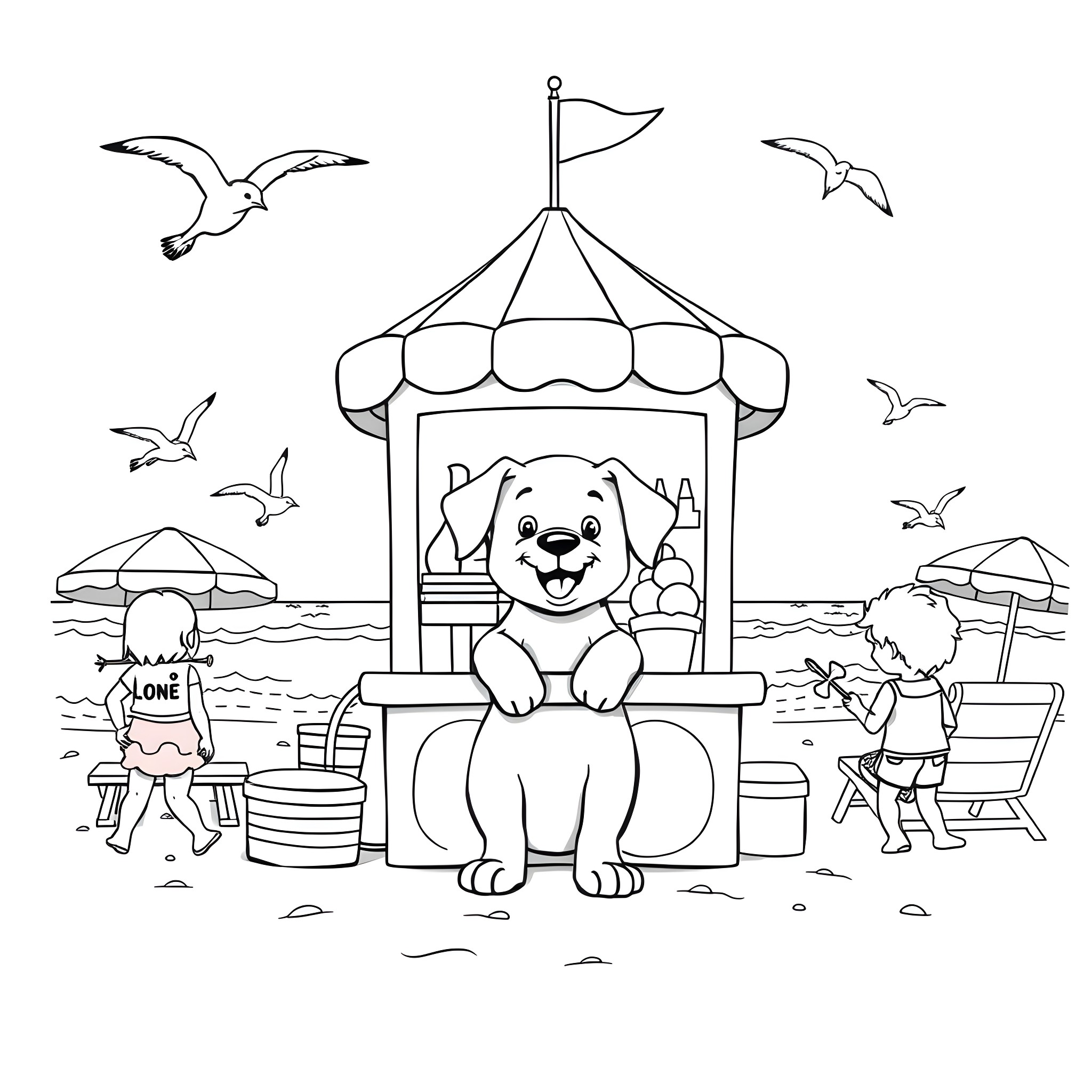 Puppy enjoying the day at the beach Coloring Page (free black-and-white line drawing printable PDF for all, from beginners to advanced learners, including children, teens, adults, and seniors)