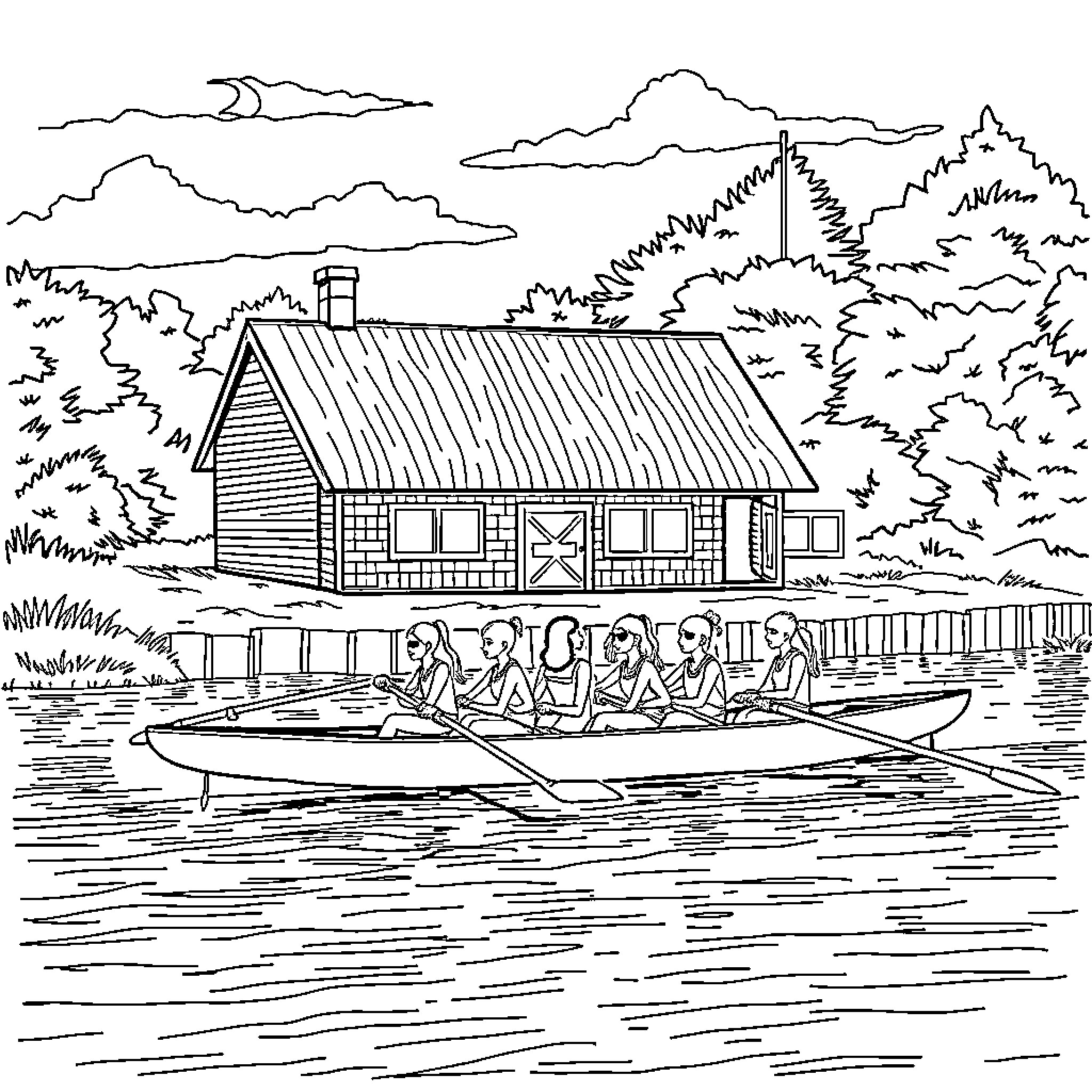 Rowing past a rustic cabin in the woods Coloring Page (free black-and-white line drawing printable PDF for all, from beginners to advanced learners, including children, teens, adults, and seniors)