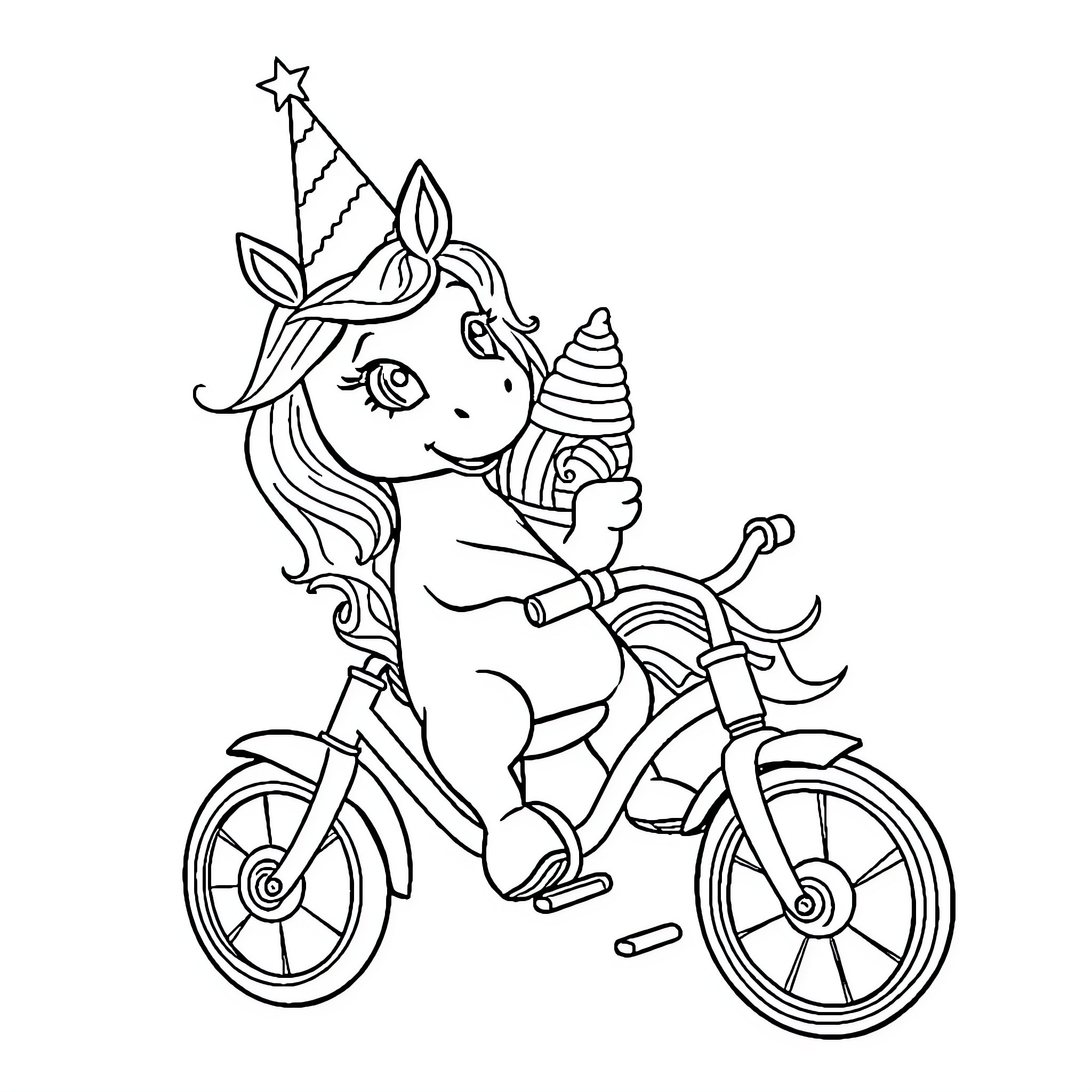 Unicorn riding a bicycle with party hat Coloring Page (free black-and-white line drawing printable PDF for all, from beginners to advanced learners, including children, teens, adults, and seniors)