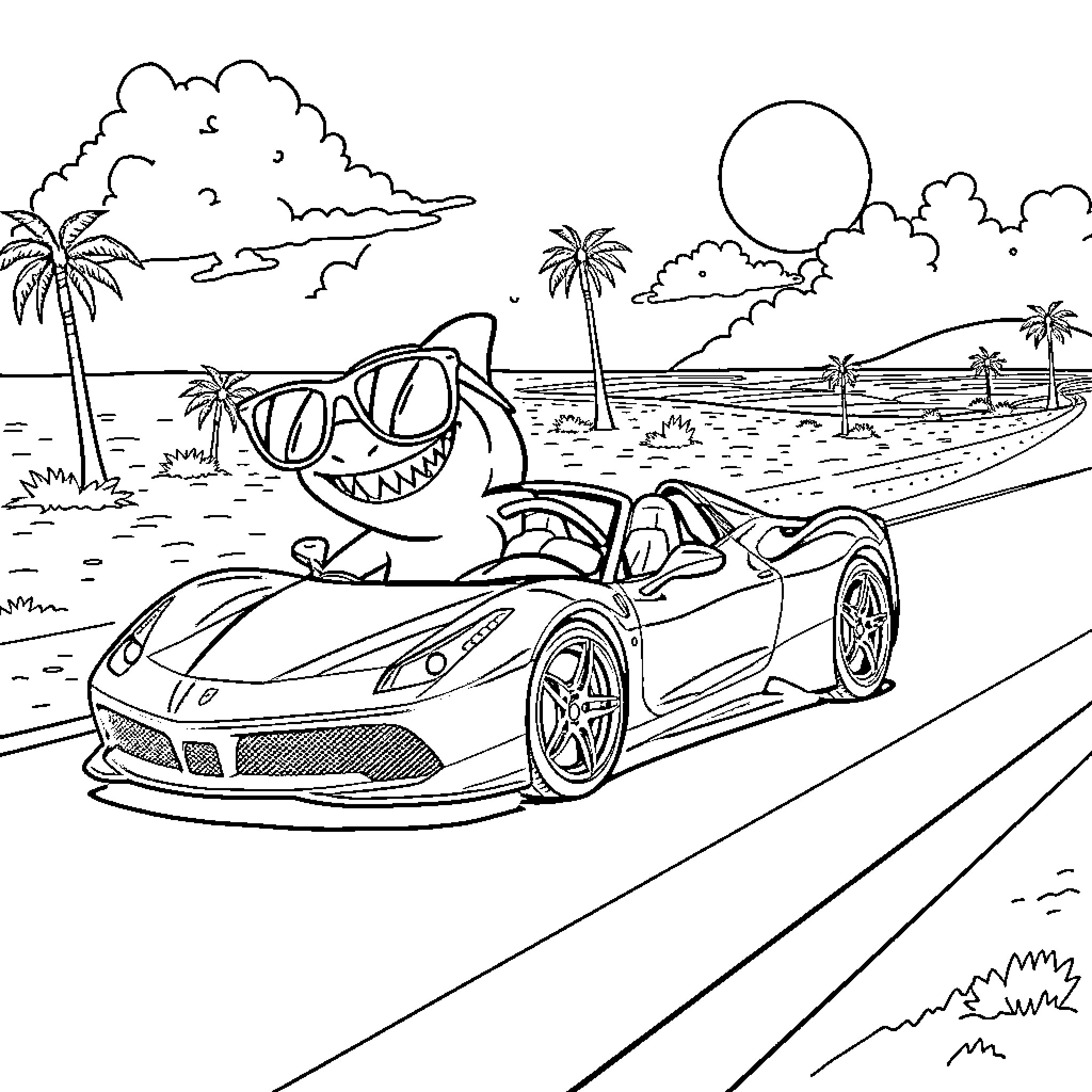 Shark driving a sports car on the beach Coloring Page (free black-and-white line drawing printable PDF for all, from beginners to advanced learners, including children, teens, adults, and seniors)