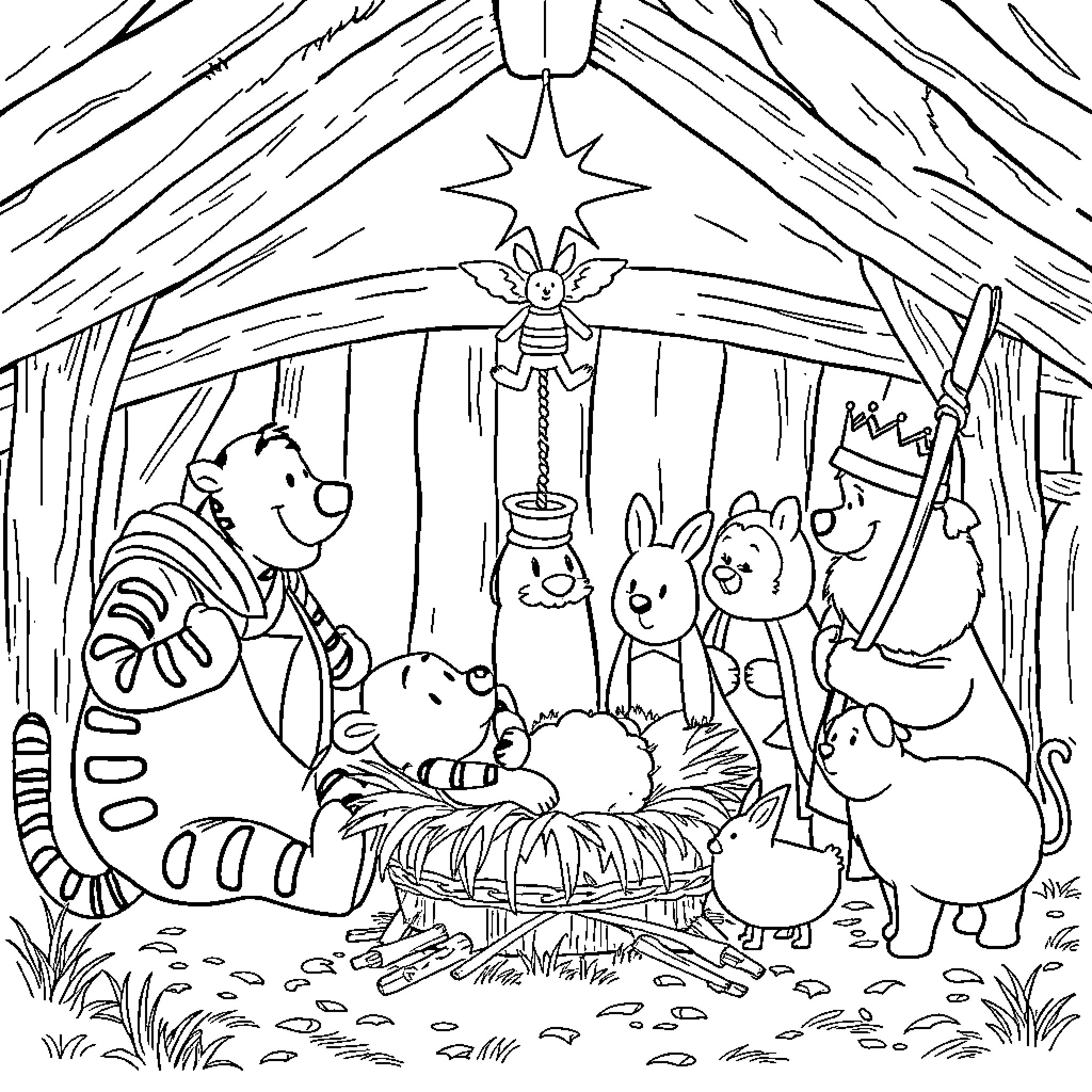 Nativity scene with animals and figures Coloring Page (free black-and-white line drawing printable PDF for all, from beginners to advanced learners, including children, teens, adults, and seniors)