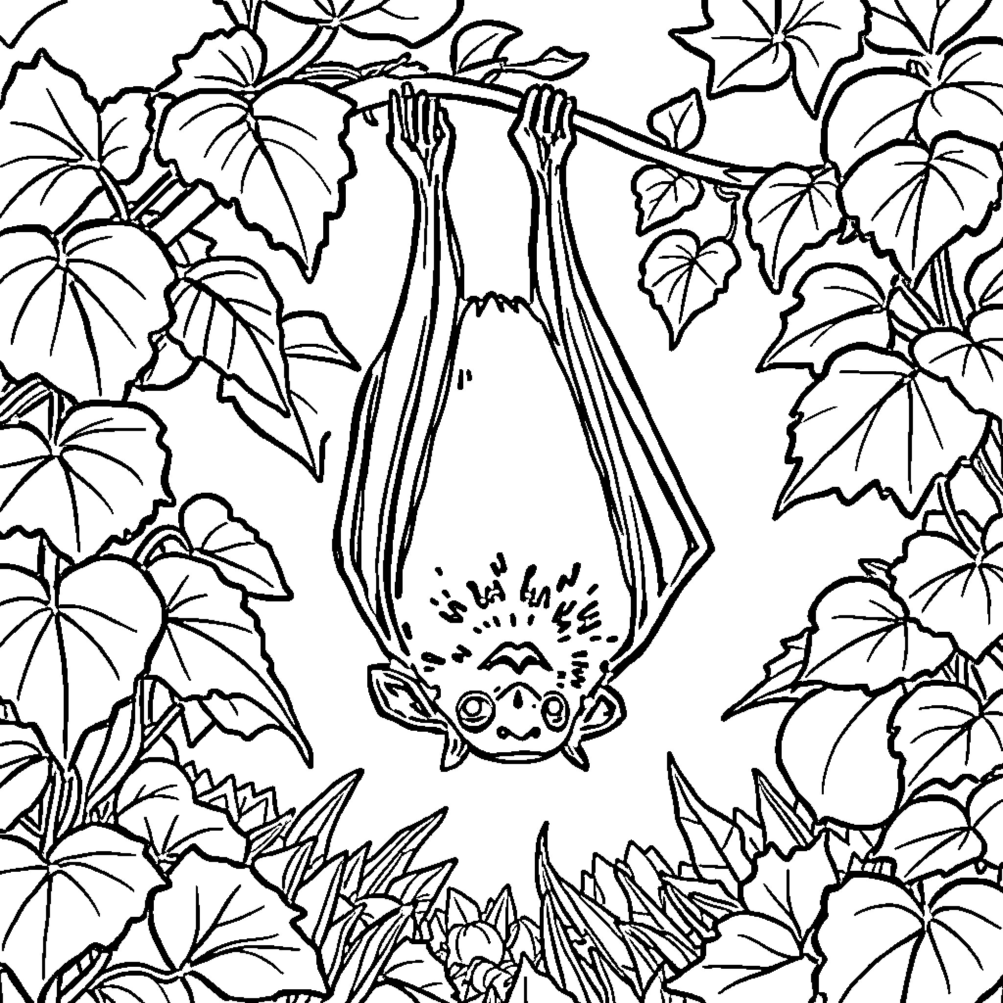 Fruitbat hanging upside-down in lush foliage Coloring Page (free black-and-white line drawing printable PDF for all, from beginners to advanced learners, including children, teens, adults, and seniors)