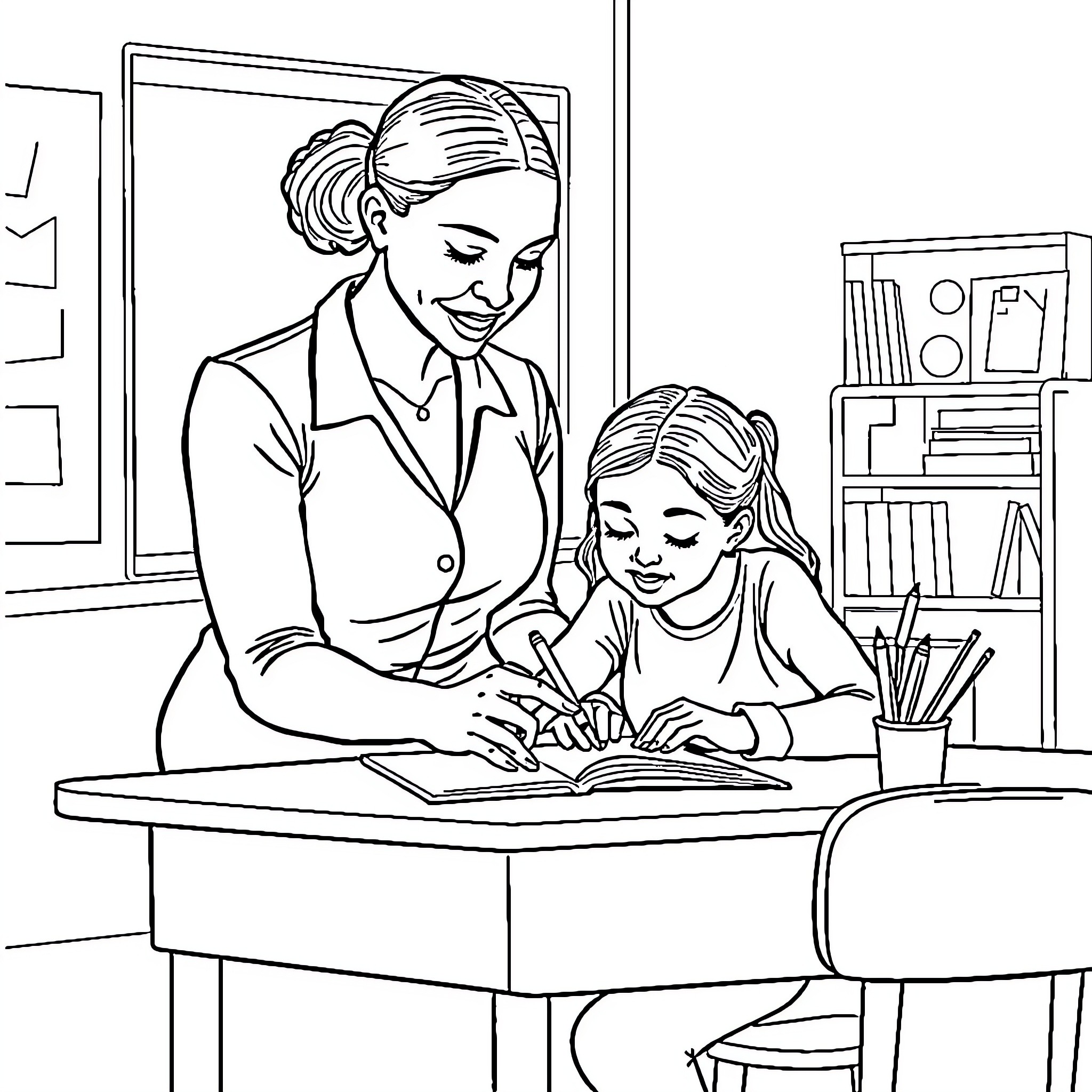 Teacher assisting student in classroom Coloring Page (free black-and-white line drawing printable PDF for all, from beginners to advanced learners, including children, teens, adults, and seniors)