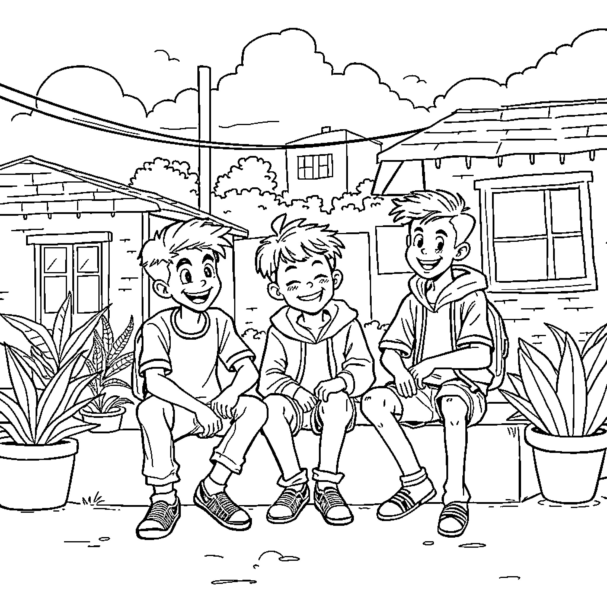 Saja Boy Enjoying Outdoor Adventure with Friends Coloring Page (free black-and-white line drawing printable PDF for all, from beginners to advanced learners, including children, teens, adults, and seniors)