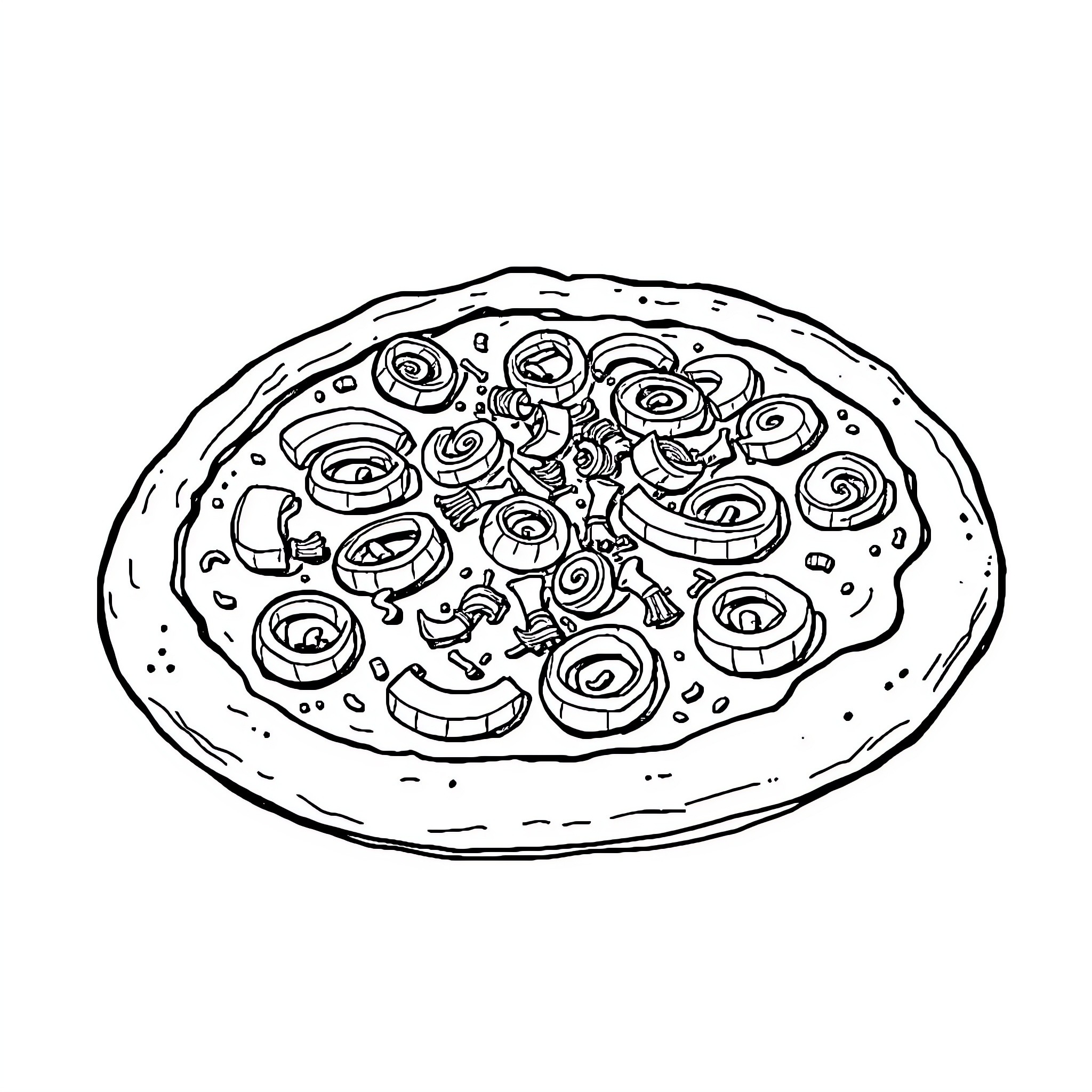 Pizza topped with quirky doodles Coloring Page (free black-and-white line drawing printable PDF for all, from beginners to advanced learners, including children, teens, adults, and seniors)