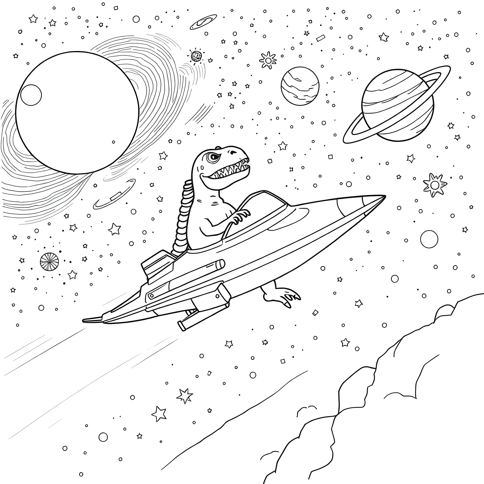 Dinosaur riding futuristic spaceship in cosmic scene Coloring Page (free black-and-white line drawing printable PDF for all, from beginners to advanced learners, including children, teens, adults, and seniors)