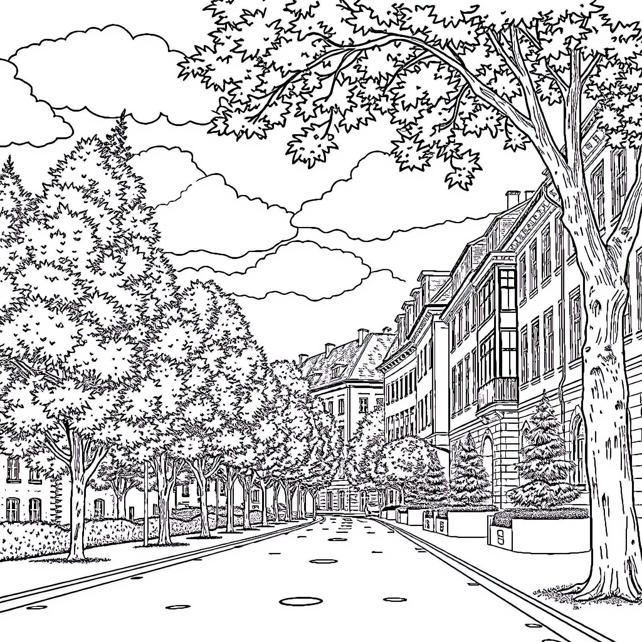 Žvėrynas: Idyllic urban scene with trees and buildings Coloring Page (free black-and-white line drawing printable PDF for all, from beginners to advanced learners, including children, teens, adults, and seniors)
