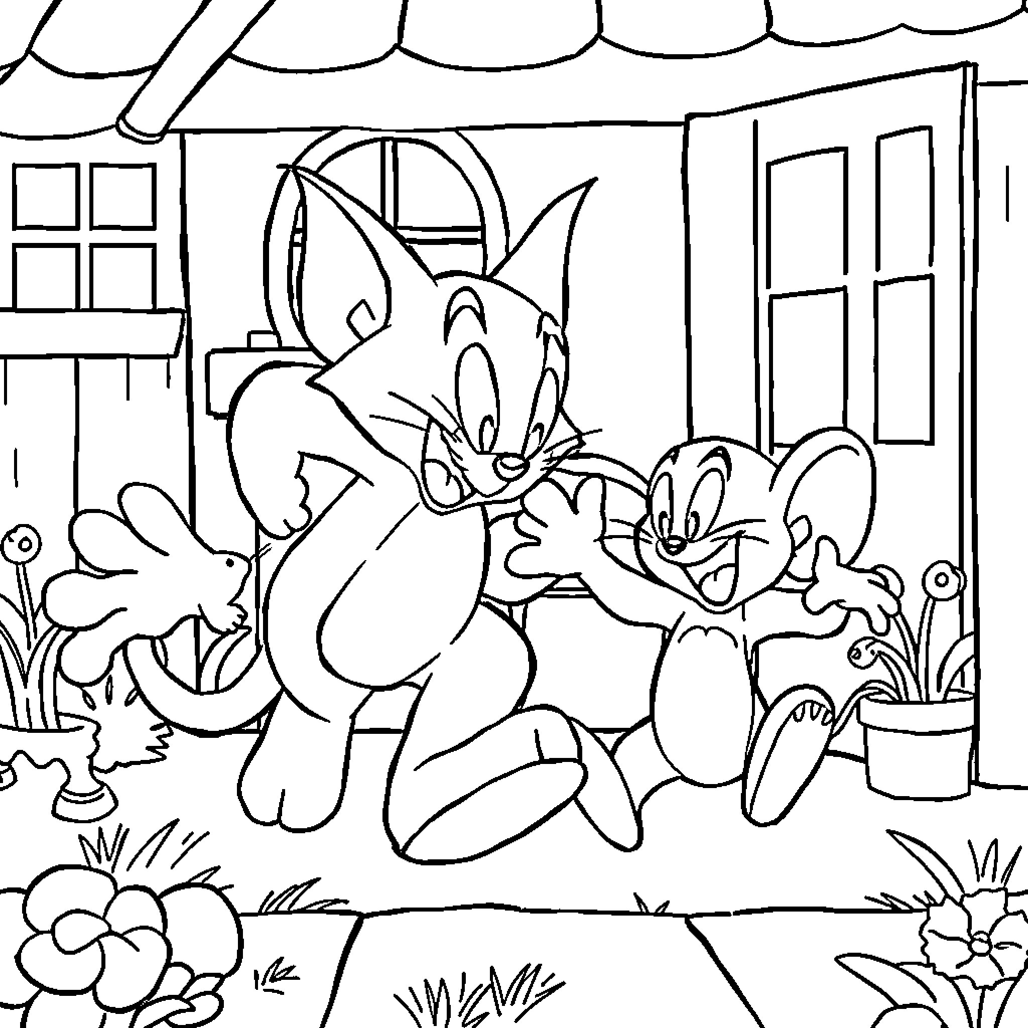 Tom and Jerry engaged in playful mischief Coloring Page (free black-and-white line drawing printable PDF for all, from beginners to advanced learners, including children, teens, adults, and seniors)