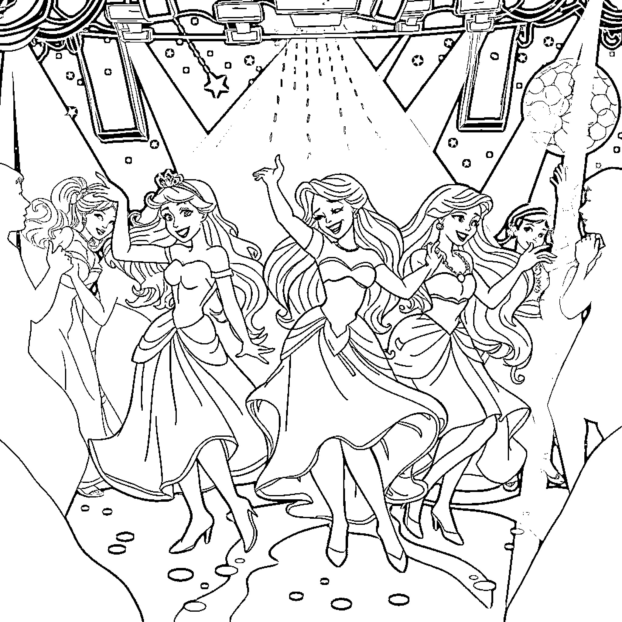 Princess Mermaids Enjoying a Magical Ball Coloring Page (free black-and-white line drawing printable PDF for all, from beginners to advanced learners, including children, teens, adults, and seniors)