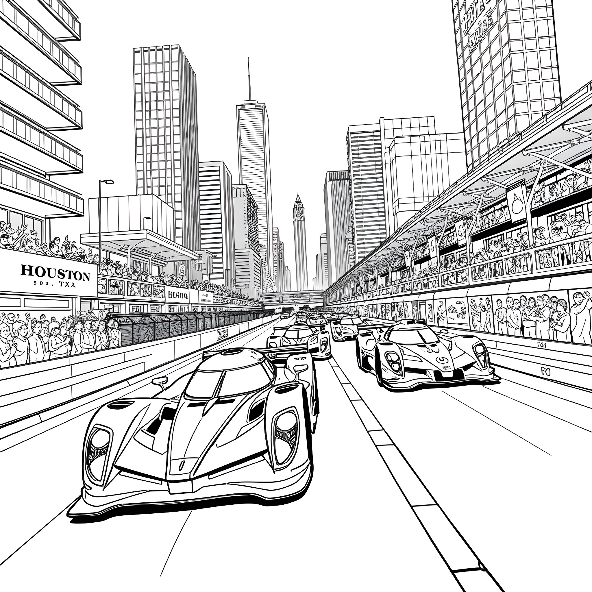 Racecar Championship in the City Coloring Page (free black-and-white line drawing printable PDF for all, from beginners to advanced learners, including children, teens, adults, and seniors)