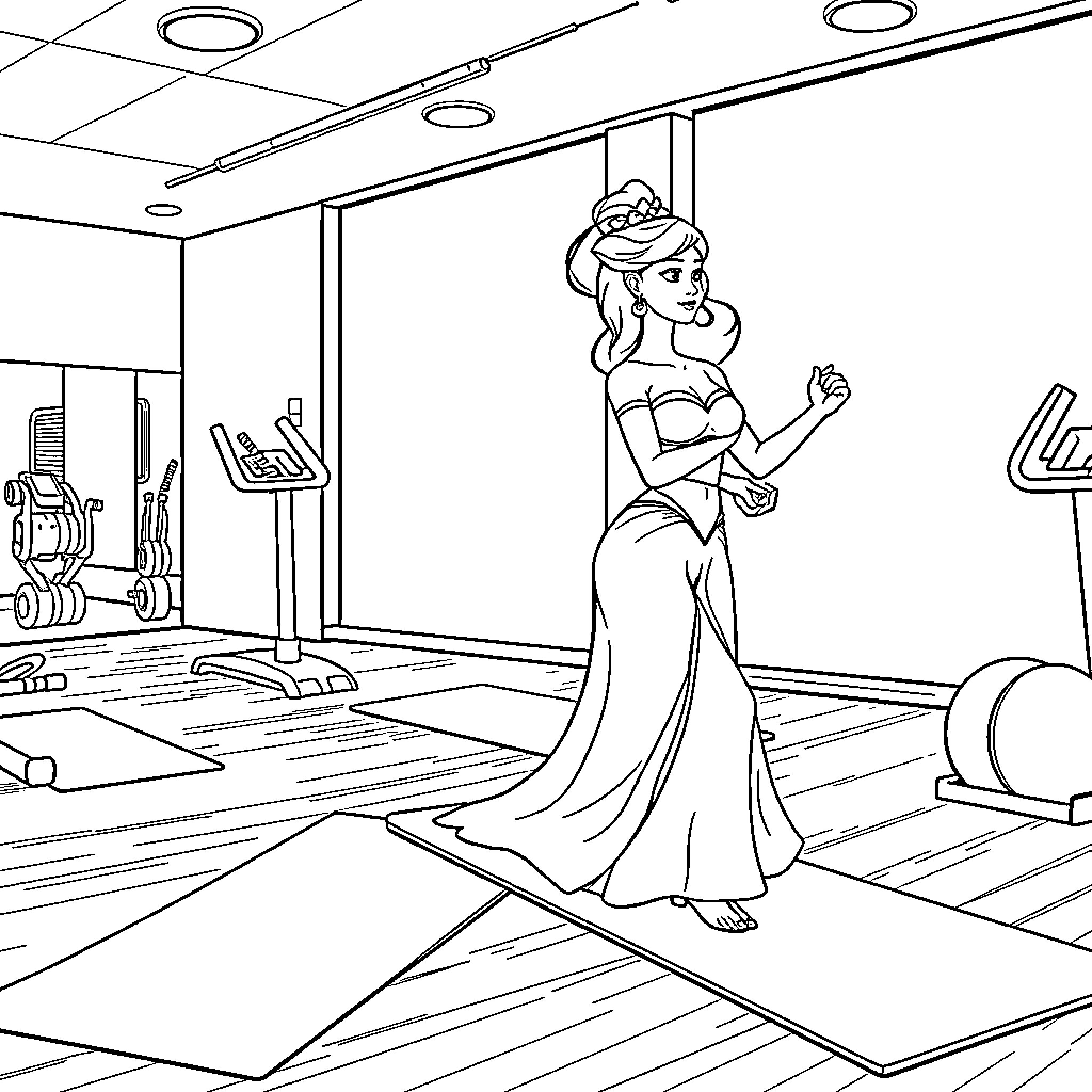 Elsa enjoying a workout in the gym Coloring Page (free black-and-white line drawing printable PDF for all, from beginners to advanced learners, including children, teens, adults, and seniors)