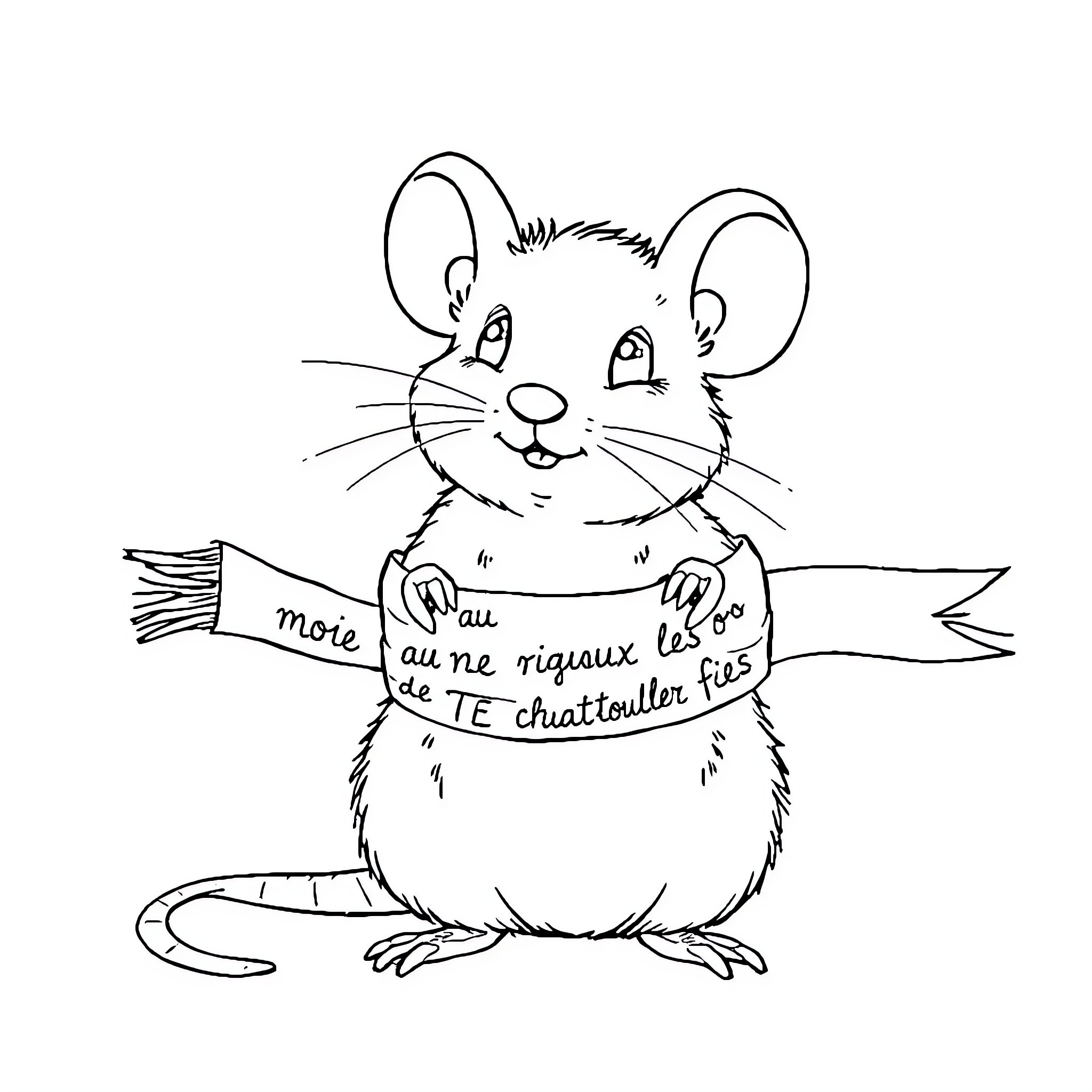 Rat with amusing message on scarf Coloring Page (free black-and-white line drawing printable PDF for all, from beginners to advanced learners, including children, teens, adults, and seniors)