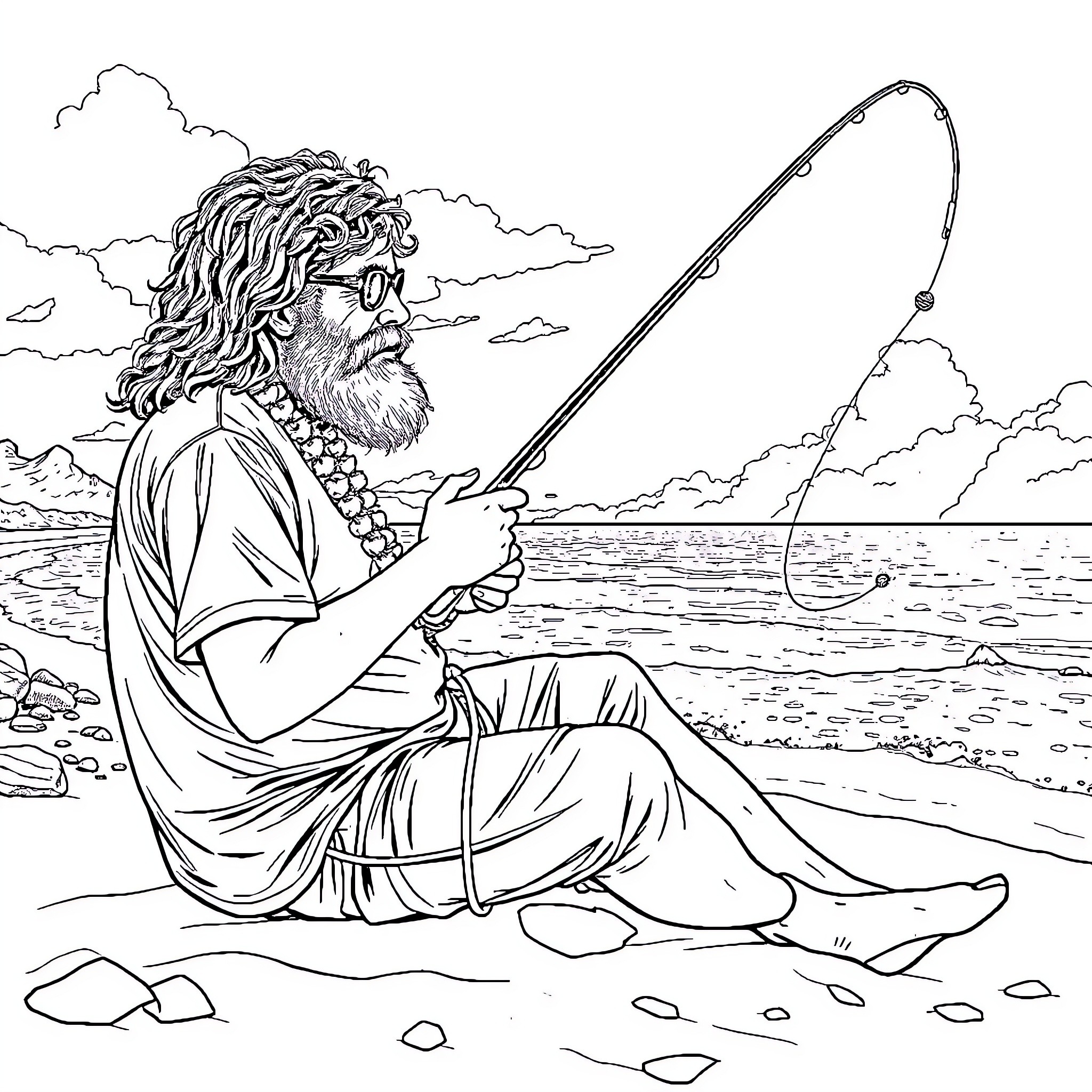Jerry Garcia fishing peacefully by the lakeside Coloring Page (free black-and-white line drawing printable PDF for all, from beginners to advanced learners, including children, teens, adults, and seniors)