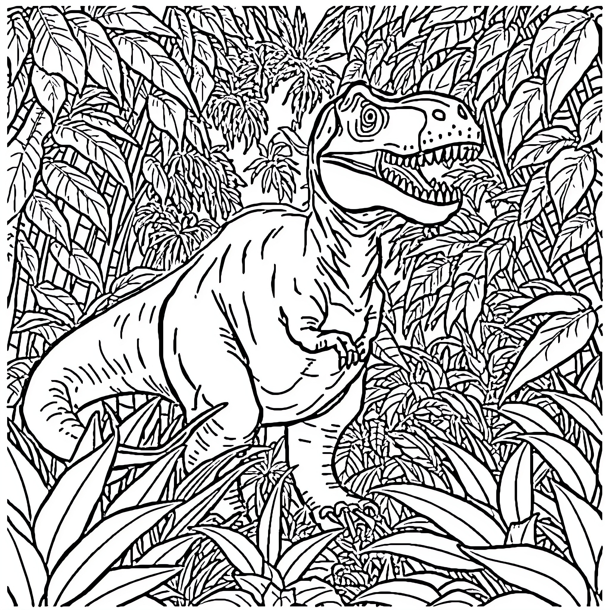 Dinosaur stomping through a dense jungle Coloring Page (free black-and-white line drawing printable PDF for all, from beginners to advanced learners, including children, teens, adults, and seniors)
