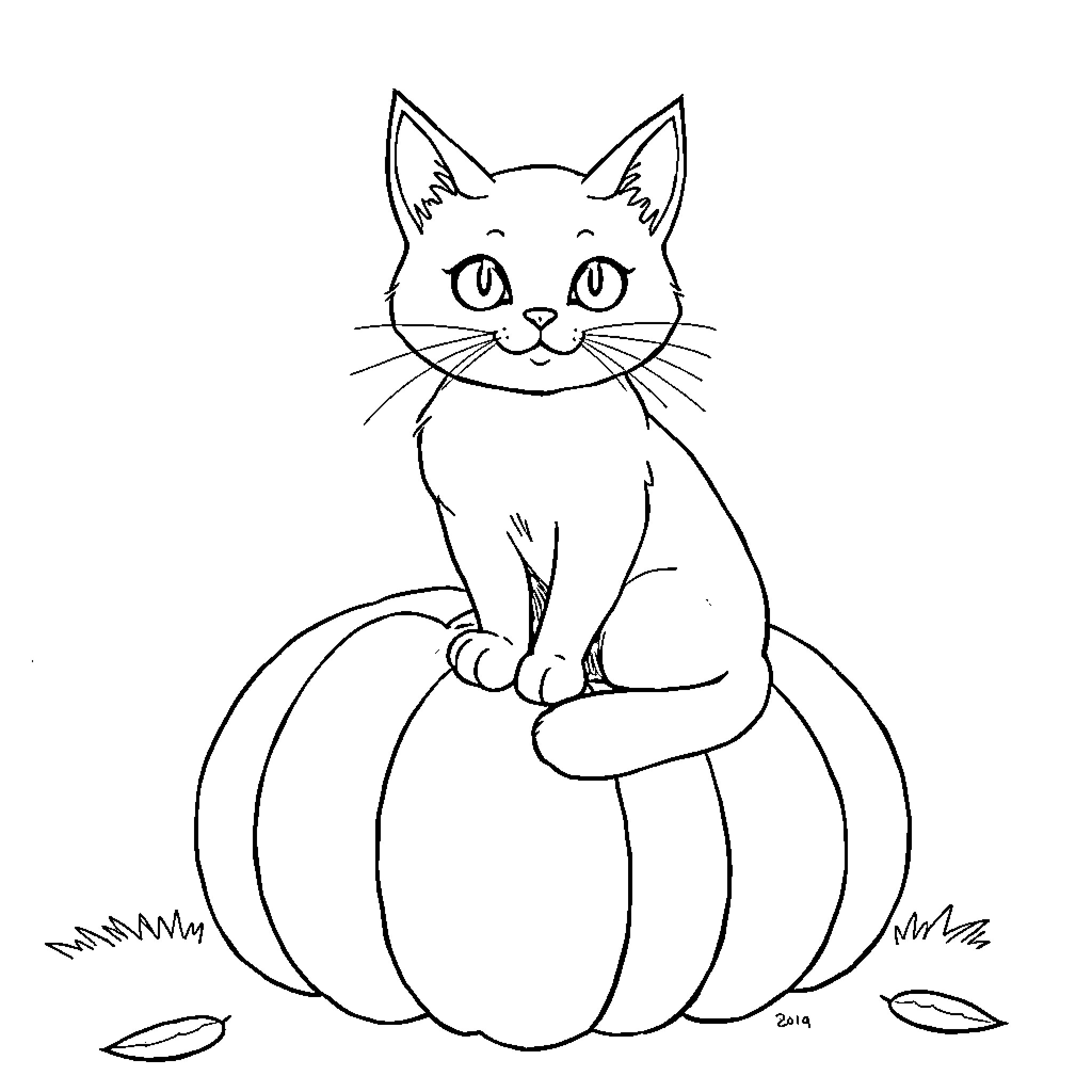 Cat sitting on a pumpkin Coloring Page (free black-and-white line drawing printable PDF for all, from beginners to advanced learners, including children, teens, adults, and seniors)